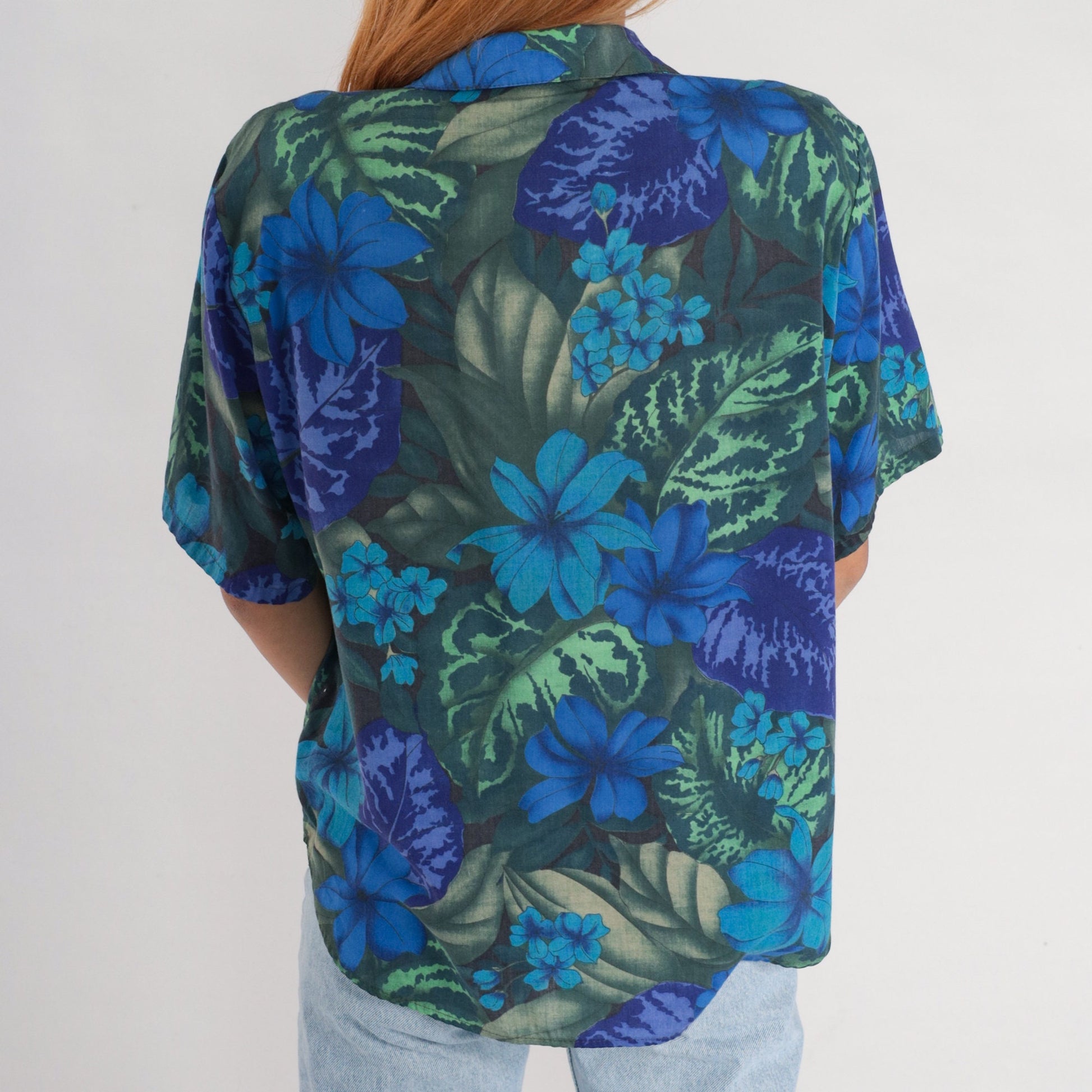 80s Tropical Floral Button-Up Shirt Blue Short Sleeve Blouse Large L