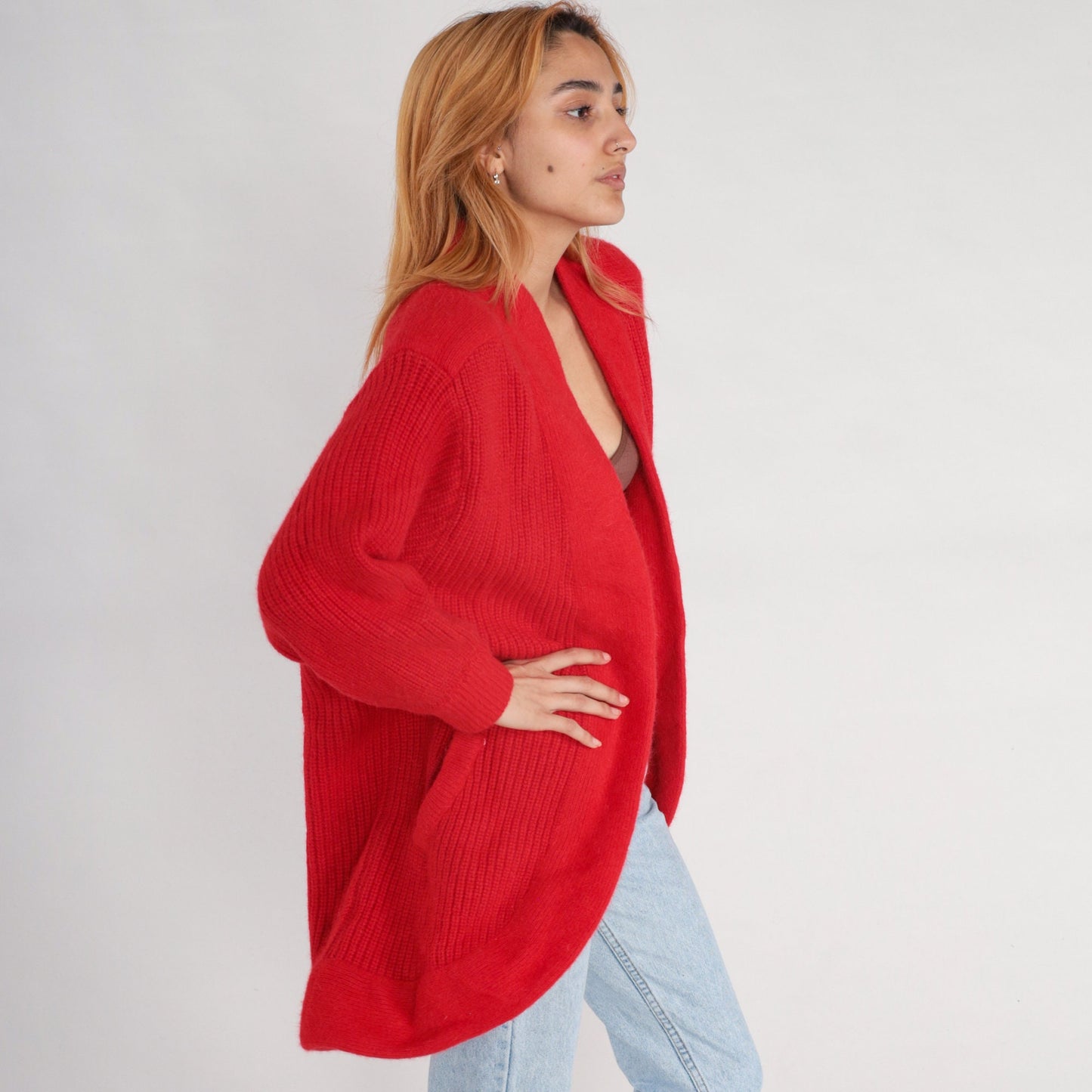 80s Red Wool Blend Cardigan Sweater Ribbed Knit Open Front Pockets Medium Large
