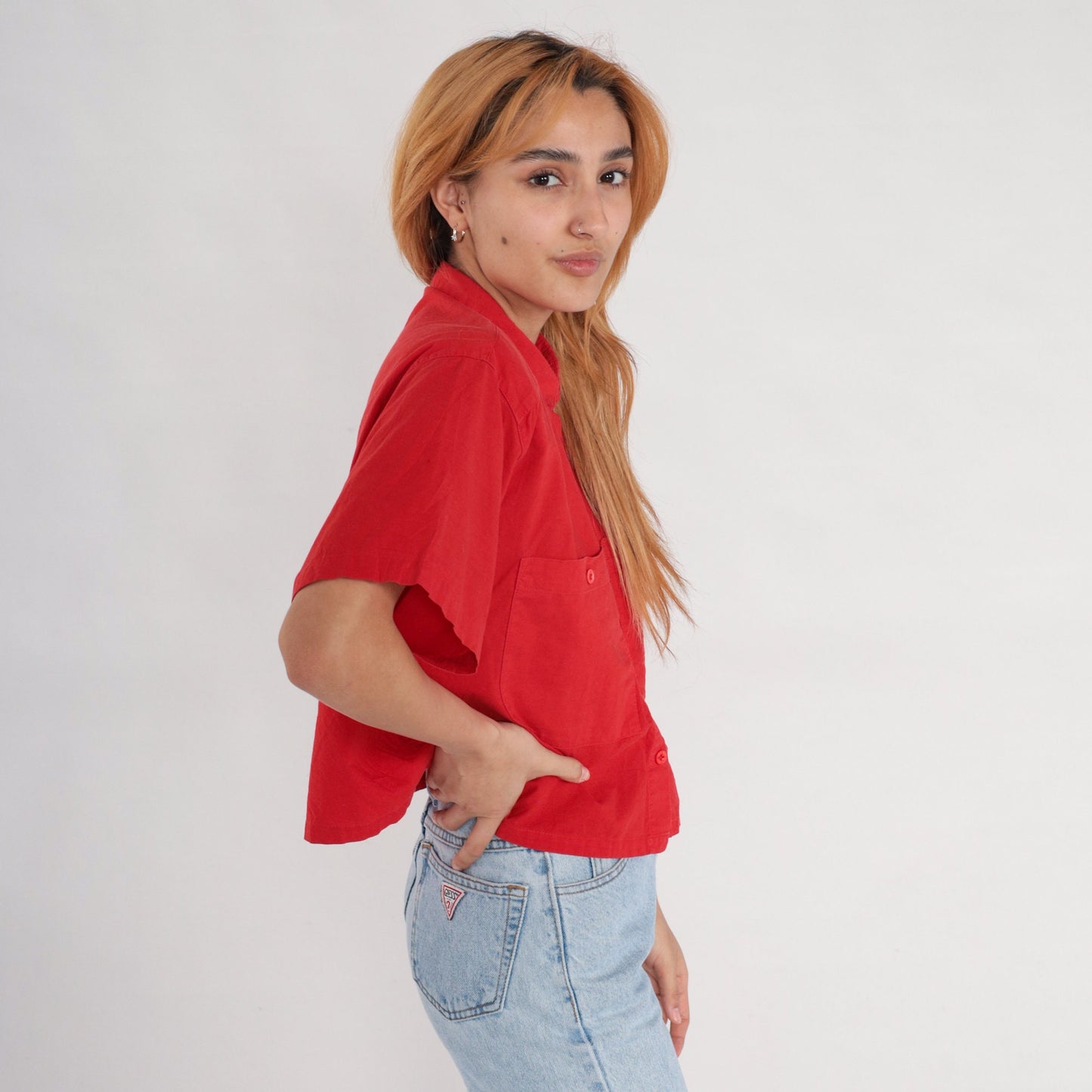 80s Red Button-Up Blouse Short Sleeve Chest Pocket Cotton Blend Medium