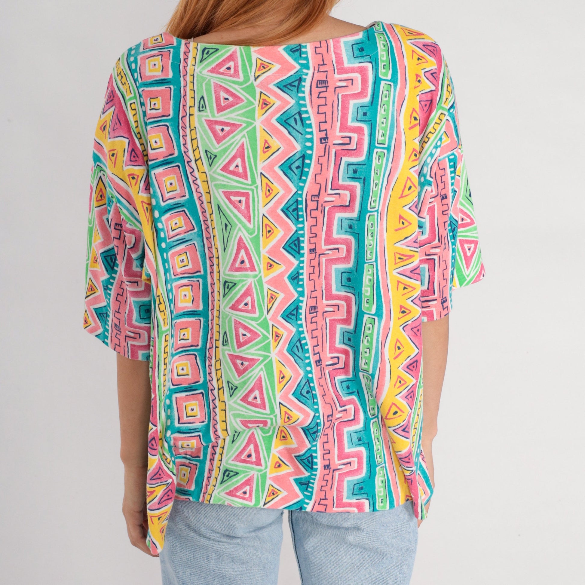 90s Geometric Striped T-Shirt Green Blue Pink Surfer Print Extra Extra Large XXL