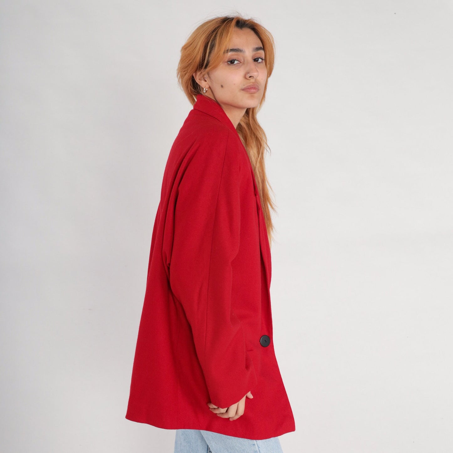 80s Red Wool Blazer Jacket Single Button Tailored Extra Large XL