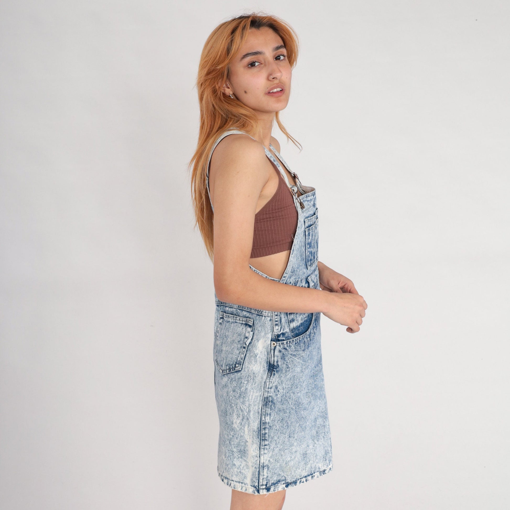 80s Acid Wash Denim Overall Dress Mini Sleeveless Bib Jumper Small