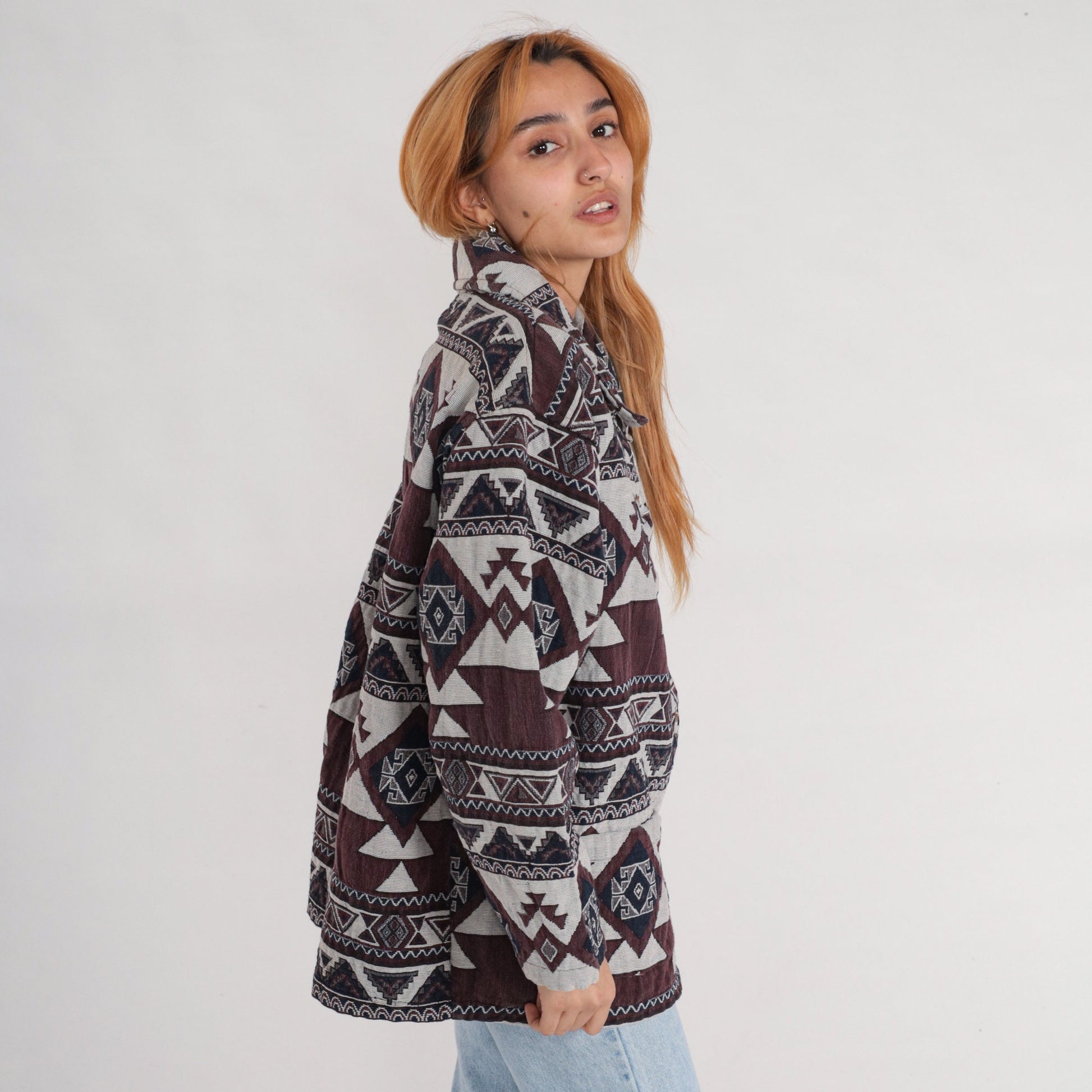 90s Southwestern Tapestry Jacket Brown Navy White Aztec Print Extra Extra Large XXL