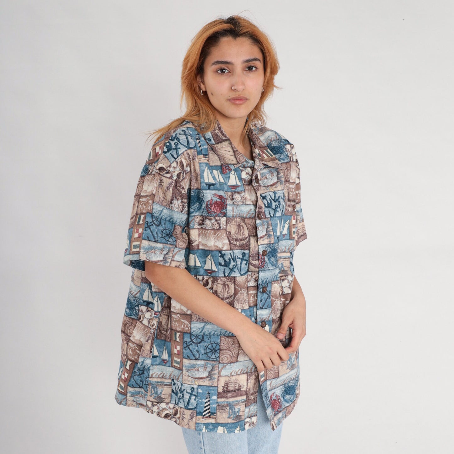 90s Nautical Sailboat Button-Up Shirt Blue Short Sleeve Extra Large XL