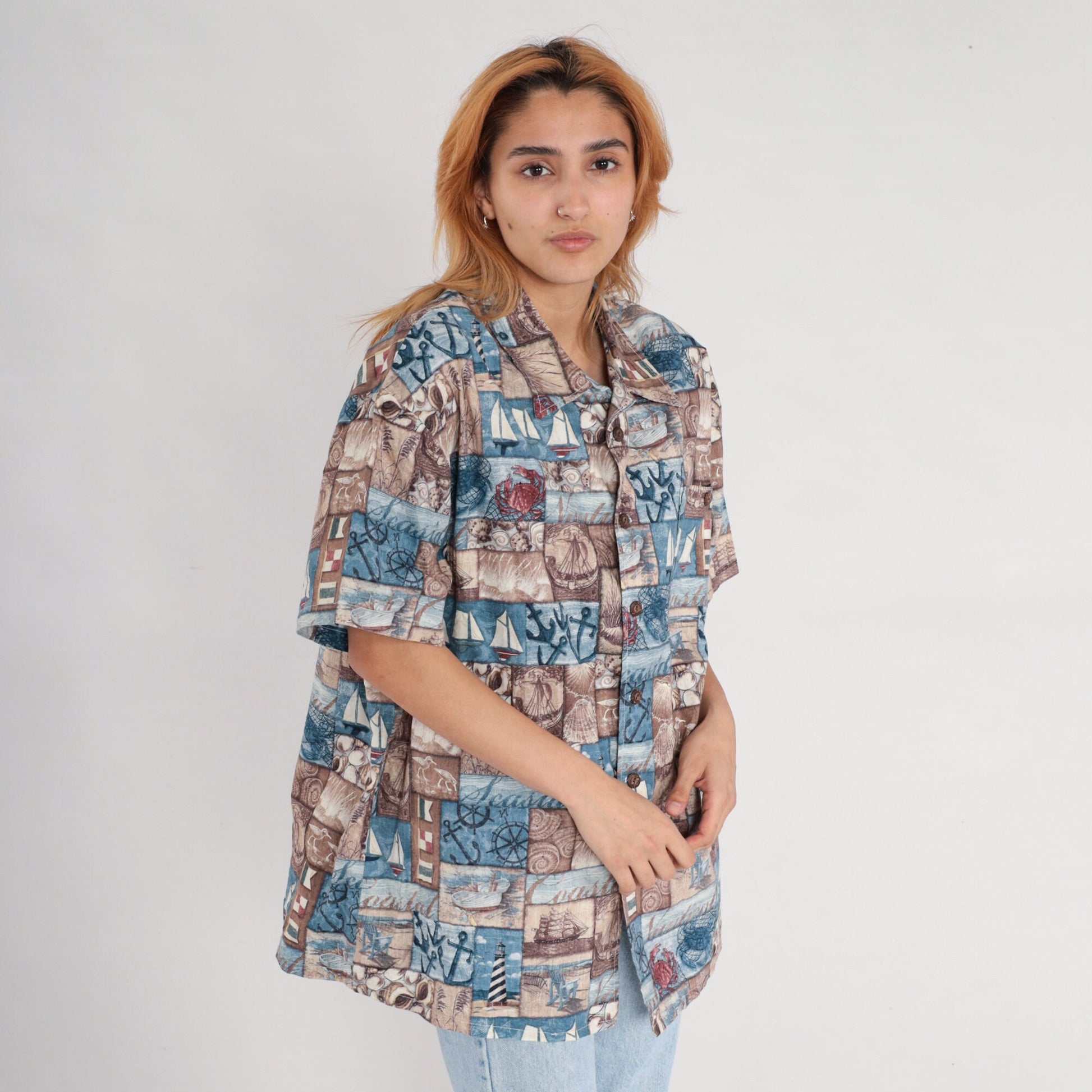 90s Nautical Sailboat Button-Up Shirt Blue Short Sleeve Extra Large XL