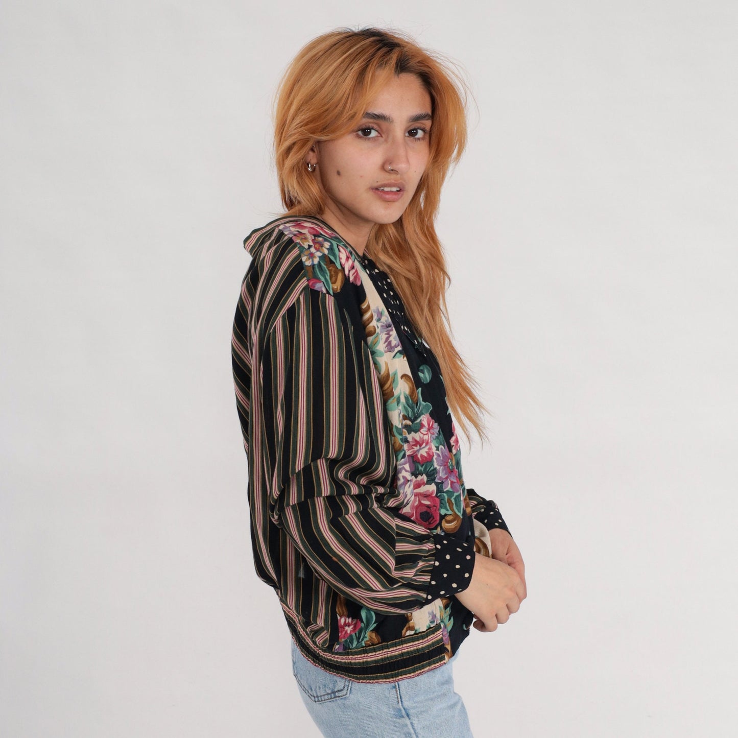 90s Carole Little Floral Button-Up Blouse Rayon Striped Balloon Sleeve Large