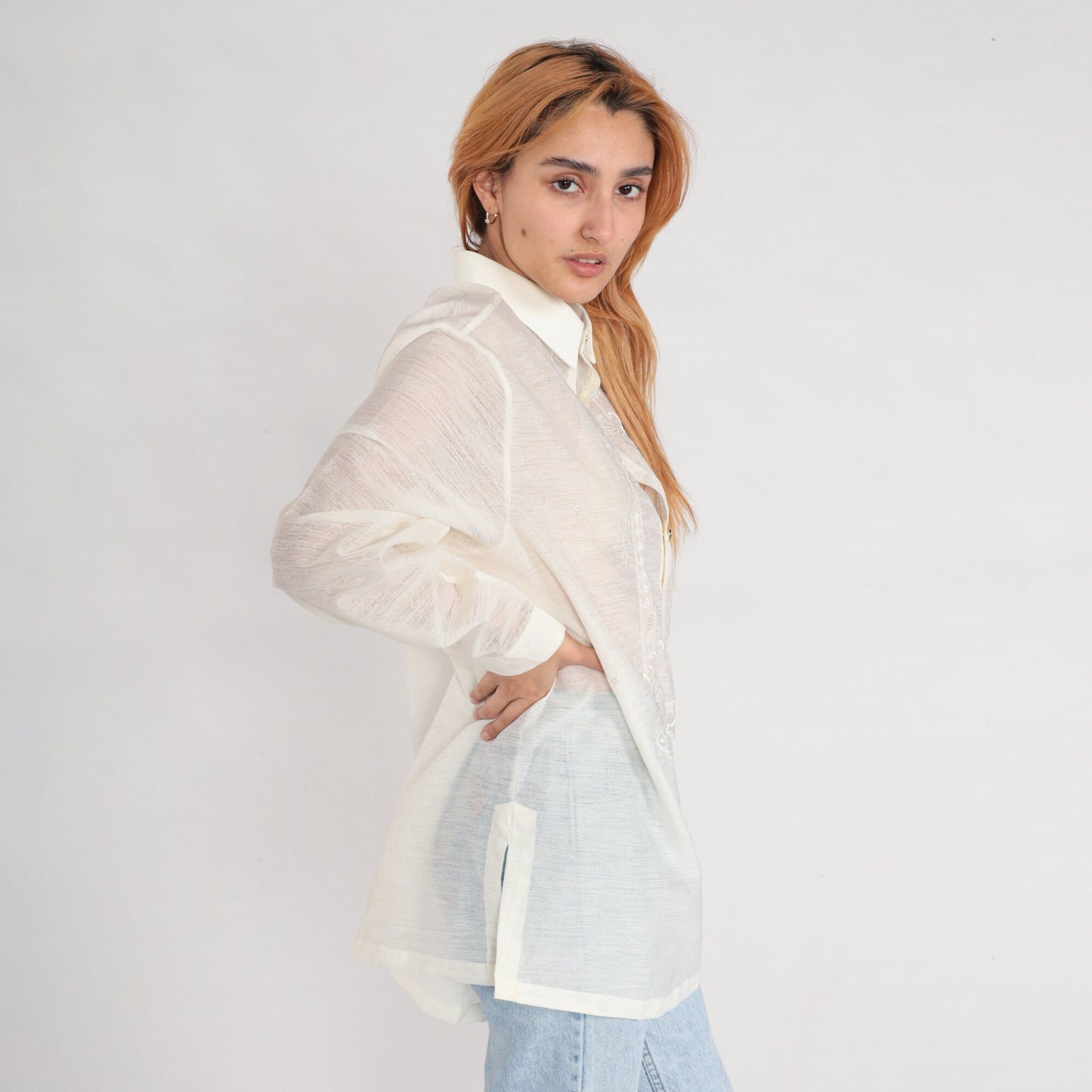 00s Sheer White Embroidered Button-Up Blouse Long Sleeve Floral Large L