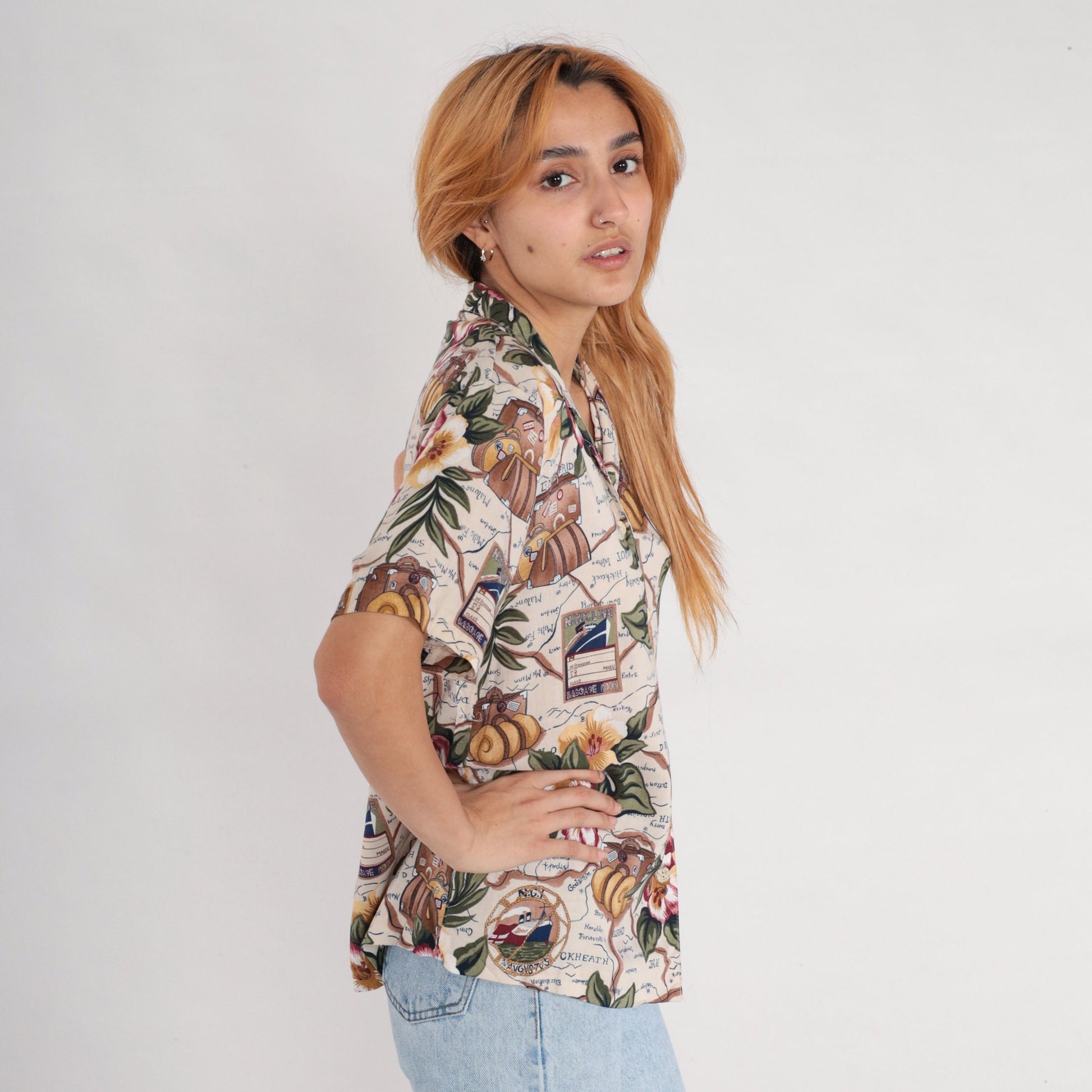 90s Nautical Floral Ship Suitcase Rayon Button-Up Blouse Short Sleeve Medium Petite