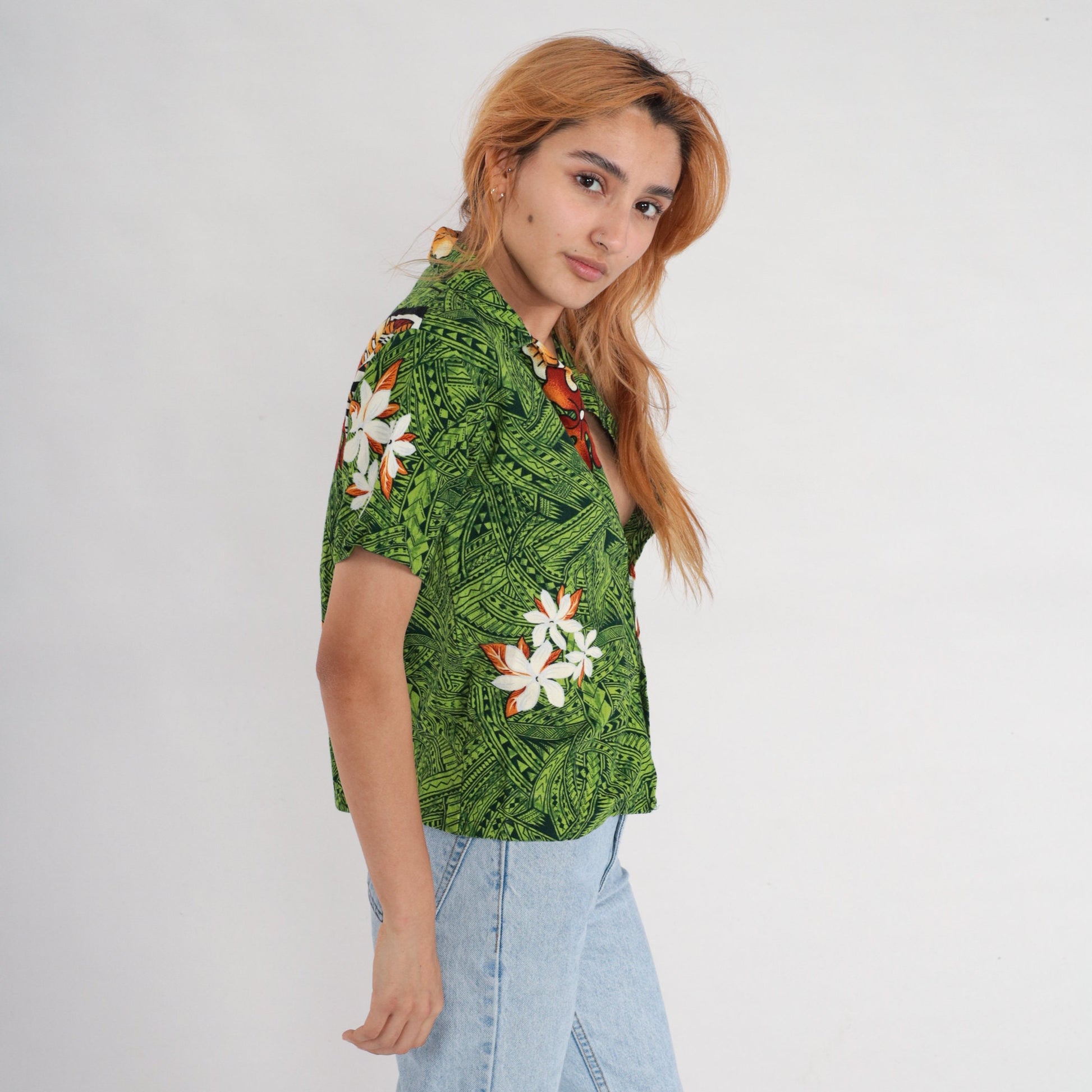 80s Tropical Floral Green Hawaiian Button-Up Blouse Short Sleeve Small