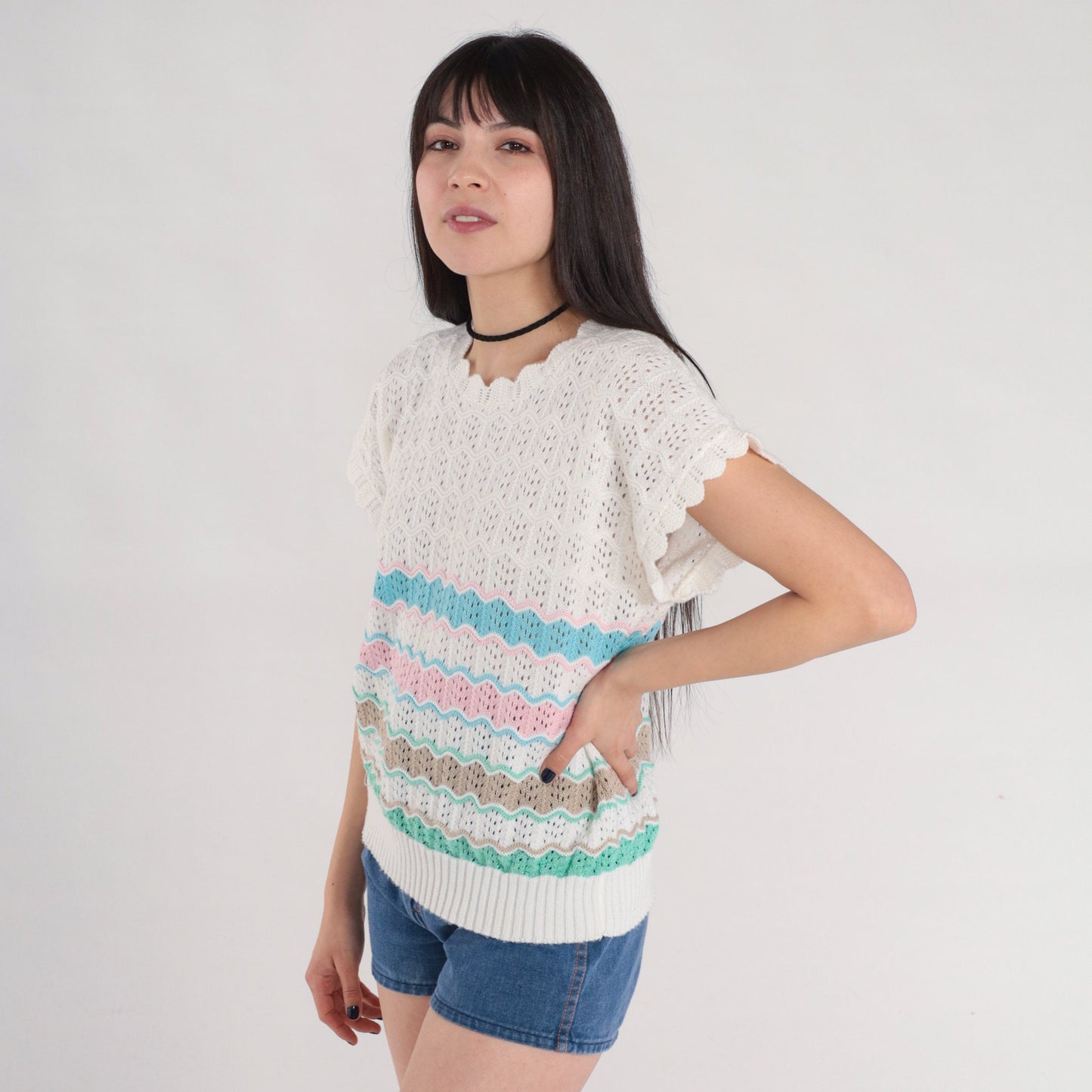 80s White Striped Open Weave Knit Top Scalloped Short Sleeve Medium