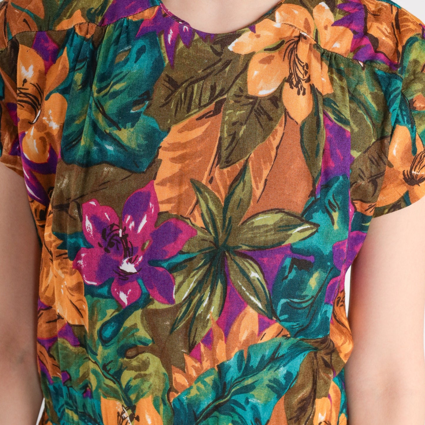 90s Tropical Floral Midi Dress Keyhole Back Short Sleeve Purple Green Yellow Medium 8