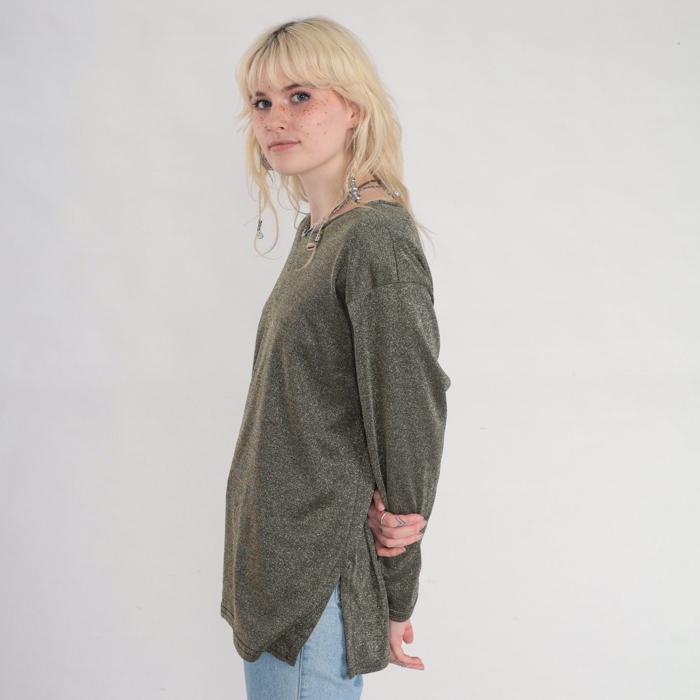90s Gold Metallic Blouse Long Sleeve Side Slit Party Top Medium