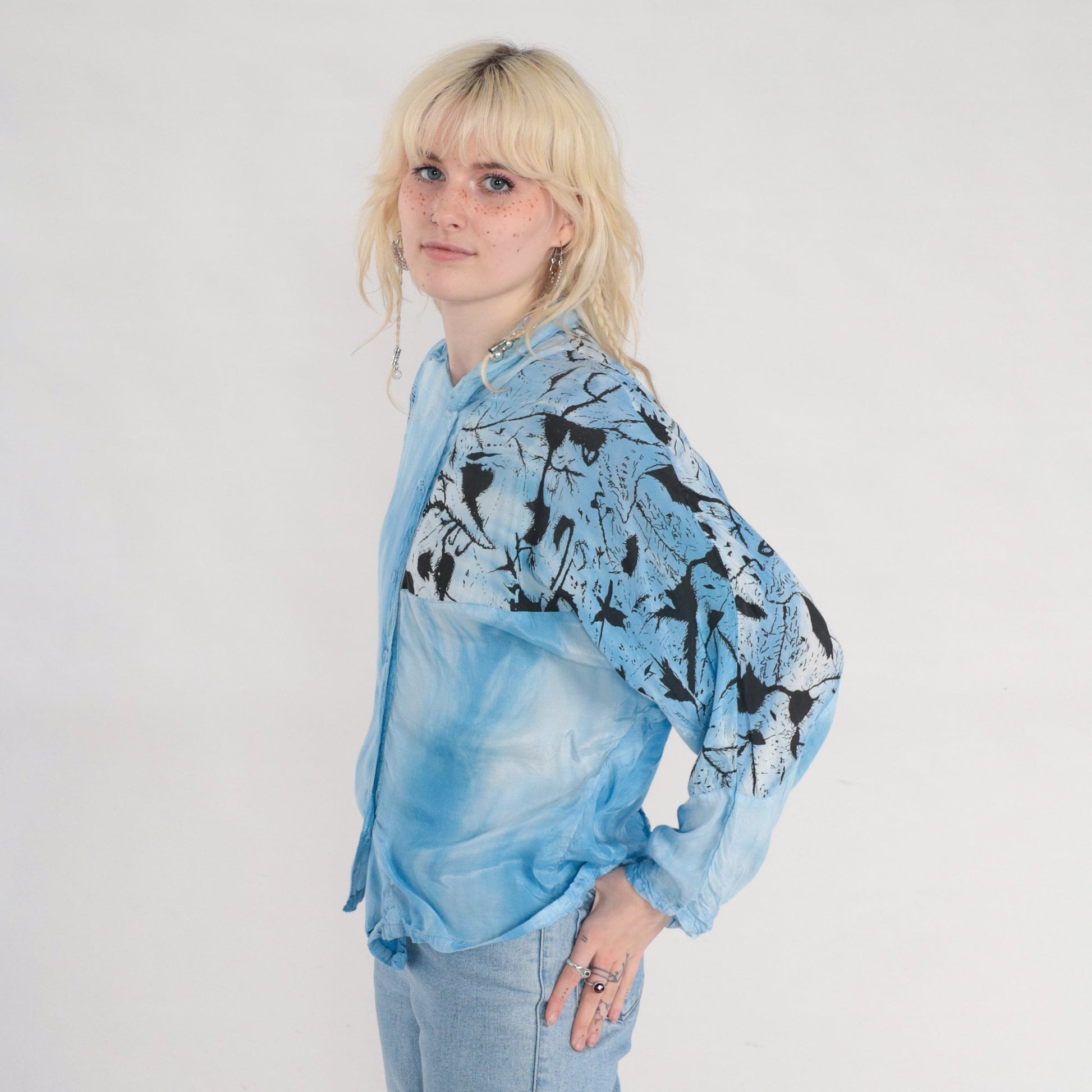 90s Blue Tie Dye Abstract Print Blouse Asymmetrical Dolman Sleeve Large