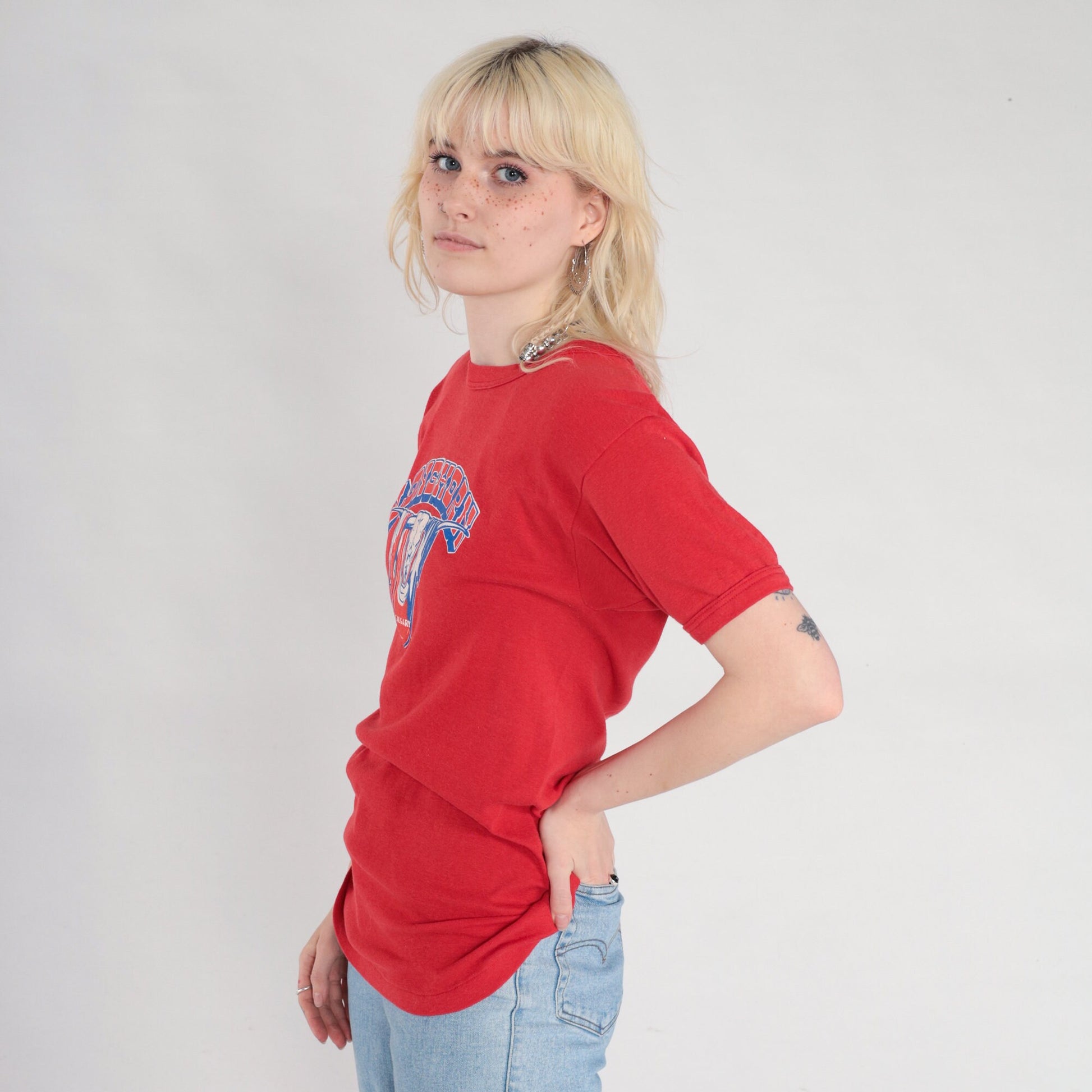 80s Calgary Longhorns Baseball T-Shirt Red Graphic Tee Single Stitch Small