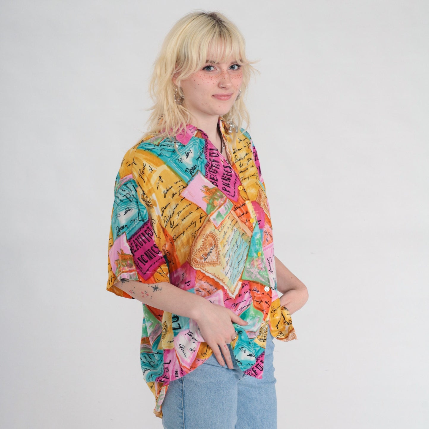 90s Postcard Travel Print Button-Up Blouse Tropical Shirt Multicolor Large L