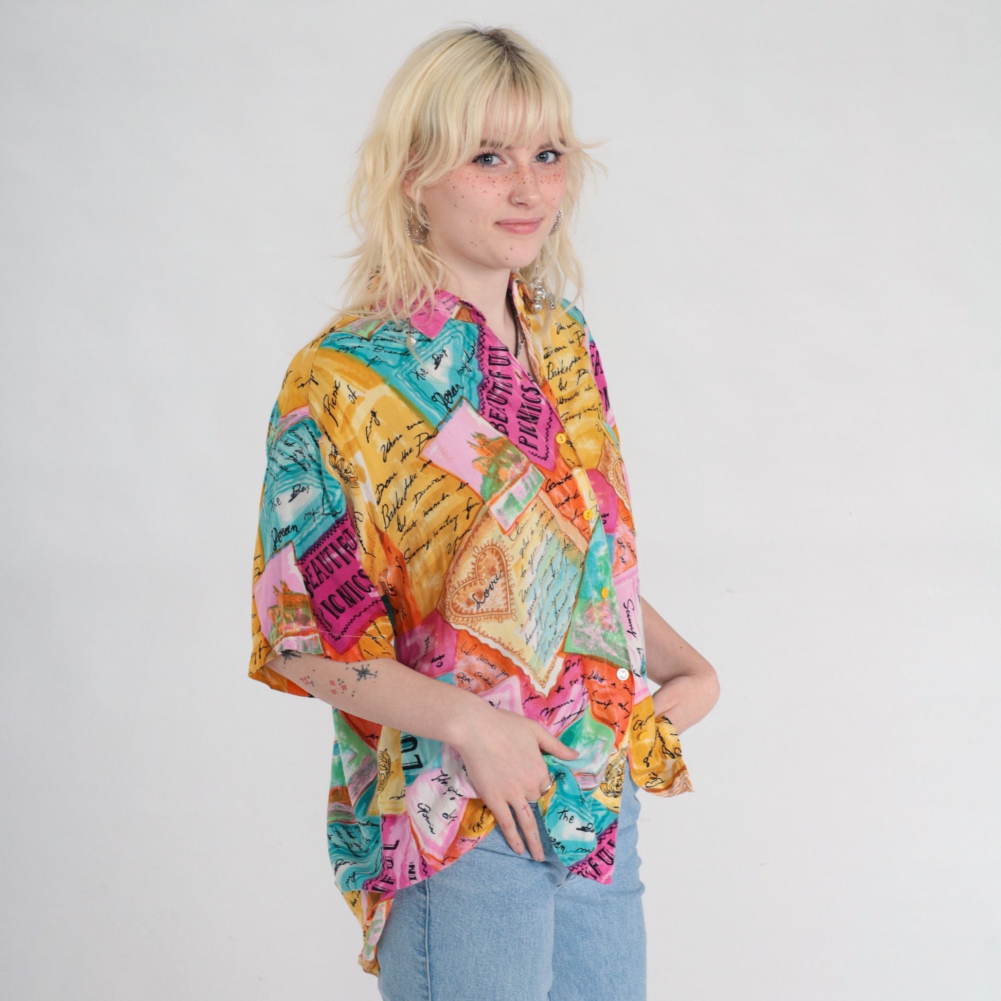 90s Postcard Travel Print Button-Up Blouse Tropical Shirt Multicolor Large L
