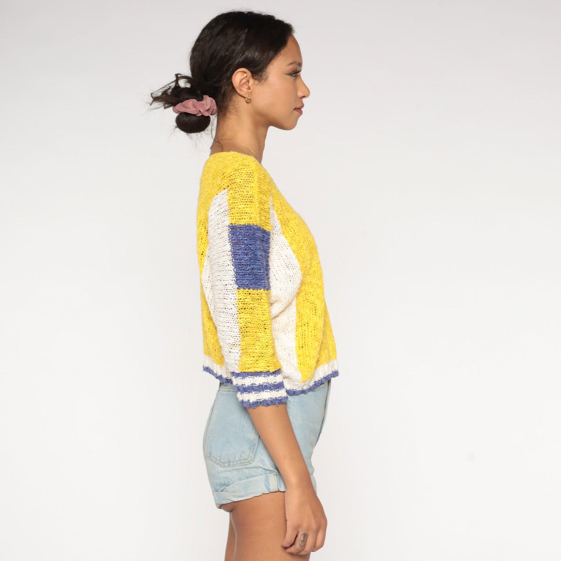 80s La Quinta Color Block Sweater Yellow Purple Cropped Knit Medium