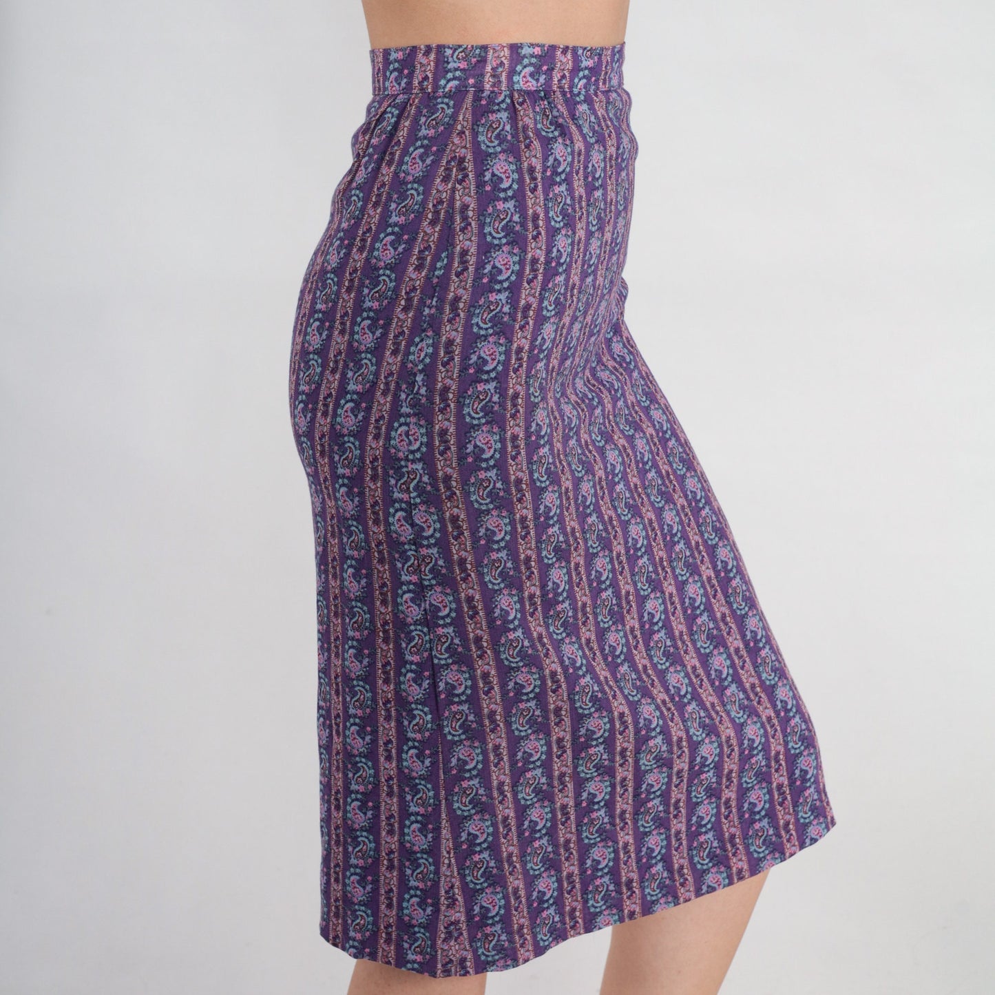 60s Purple Paisley Midi Skirt High Waisted Striped Floral Print Extra Small XS
