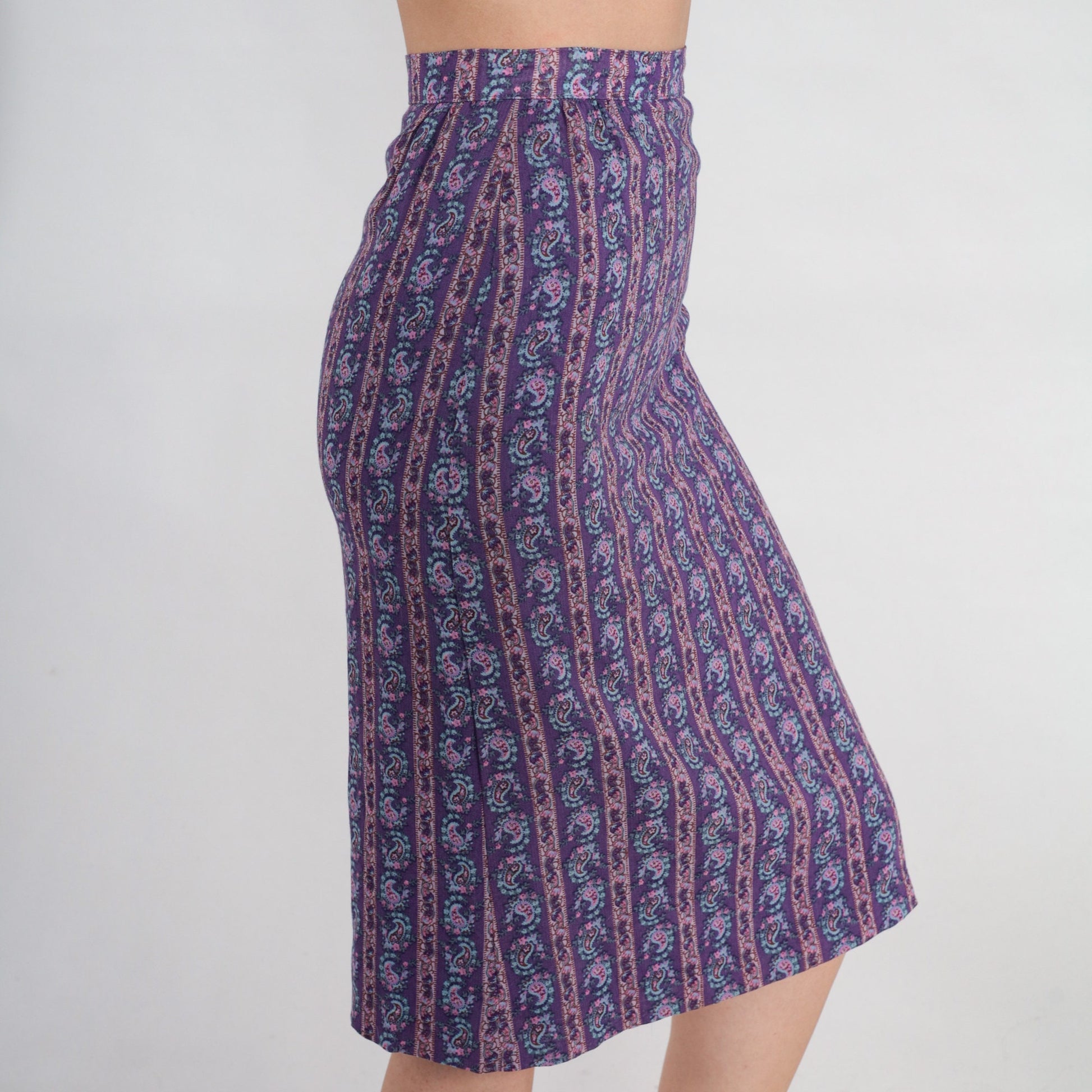 60s Purple Paisley Midi Skirt High Waisted Striped Floral Print Extra Small XS