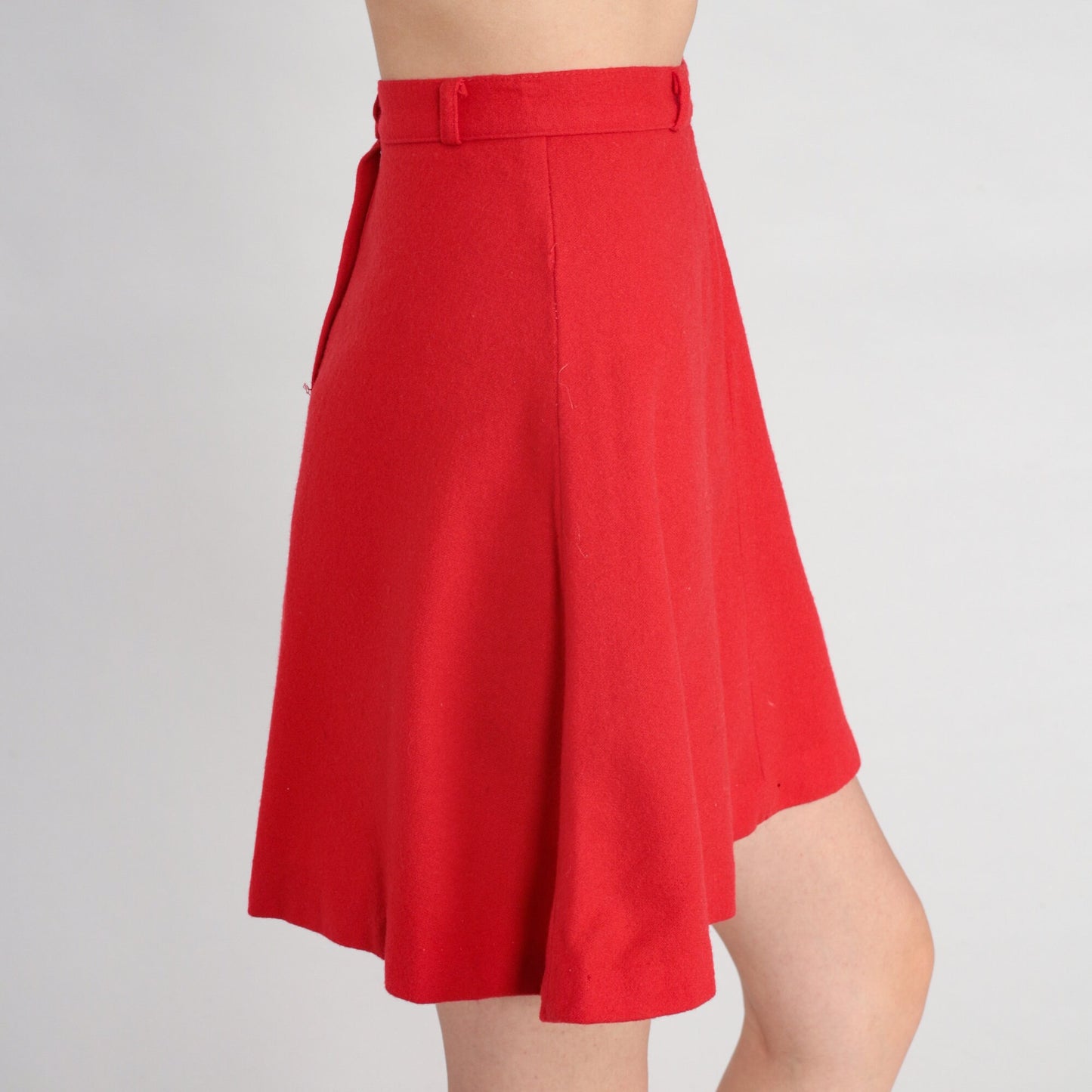 60s Red Wool A-Line Mini Skirt High Waisted Rear Zip XXS