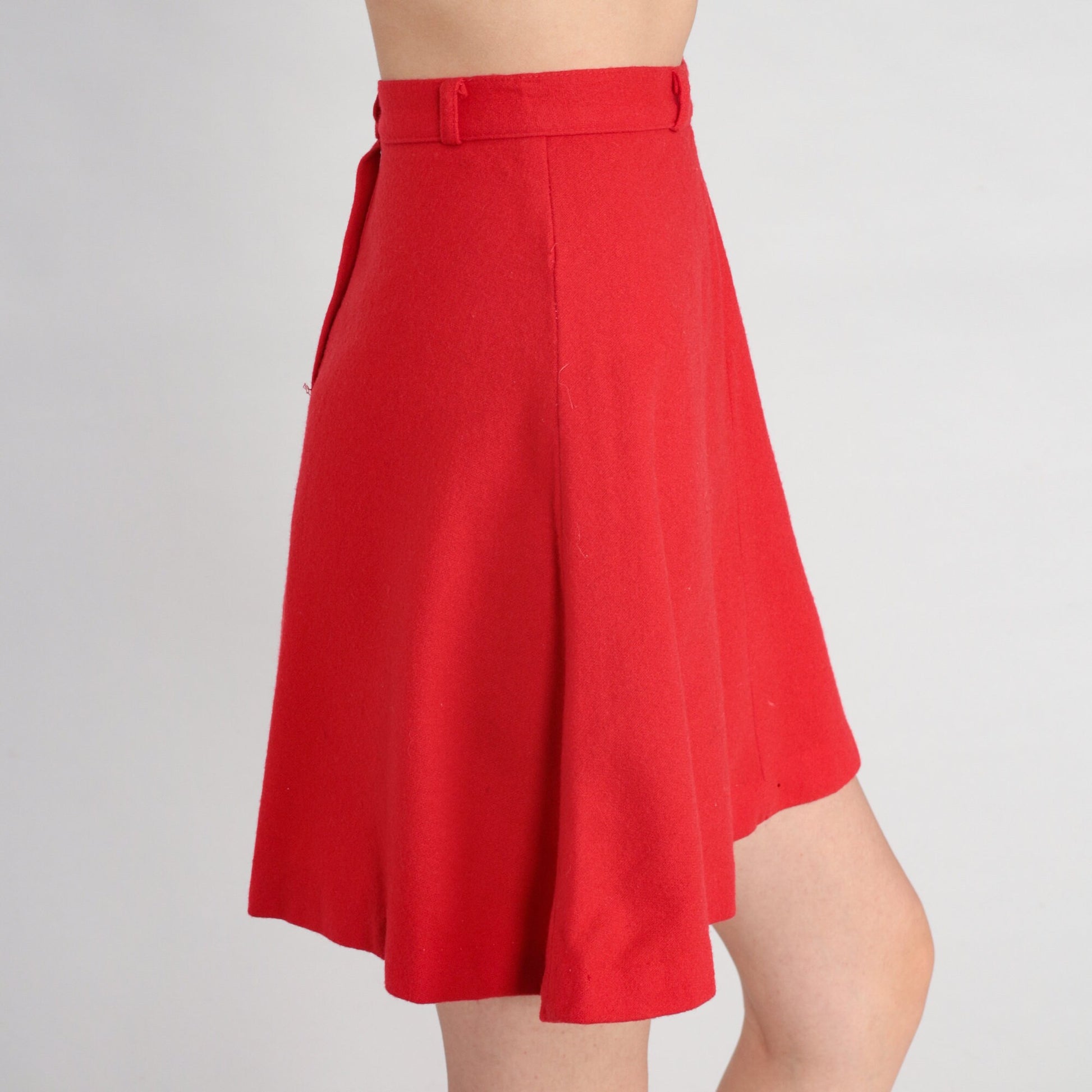 60s Red Wool A-Line Mini Skirt High Waisted Rear Zip XXS