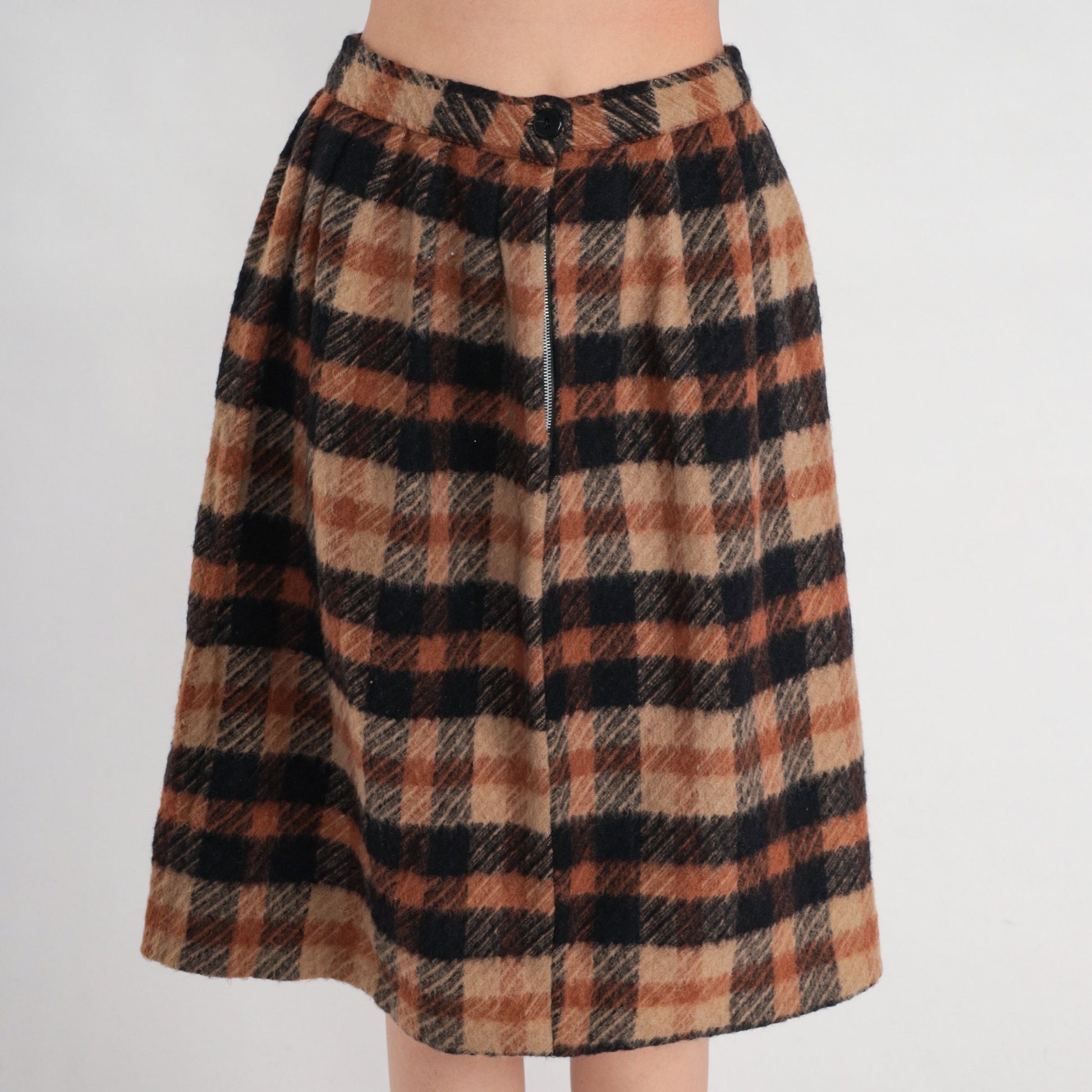 70s Brown Black Plaid Pleated Knee-Length Skirt High Waist Small