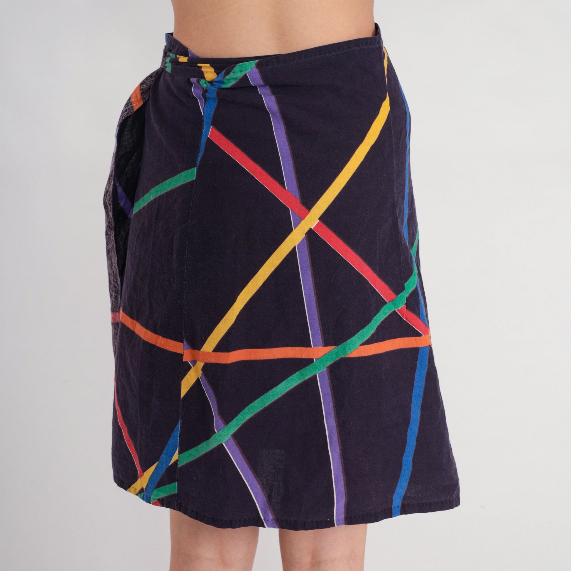 80s Navy Striped Abstract Mini Wrap Skirt Multicolor Small S