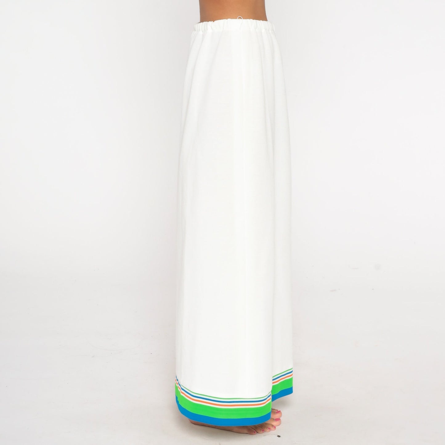 70s White Striped Maxi Skirt High Waist Long Vintage Medium Large