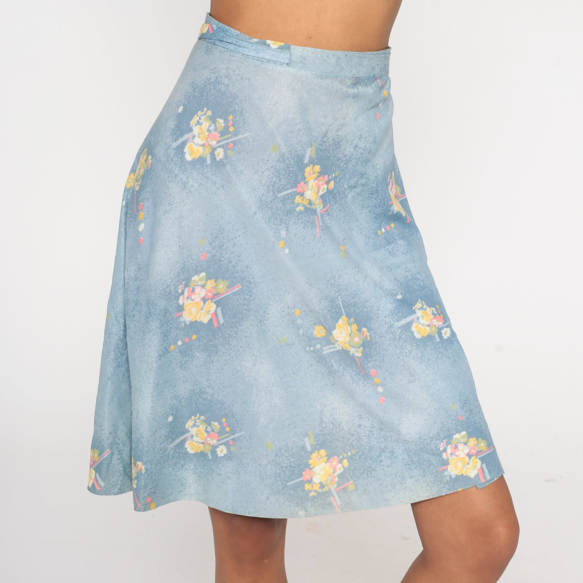 70s Blue Floral Wrap Skirt High Waist Mini Adjustable Belt Small Medium