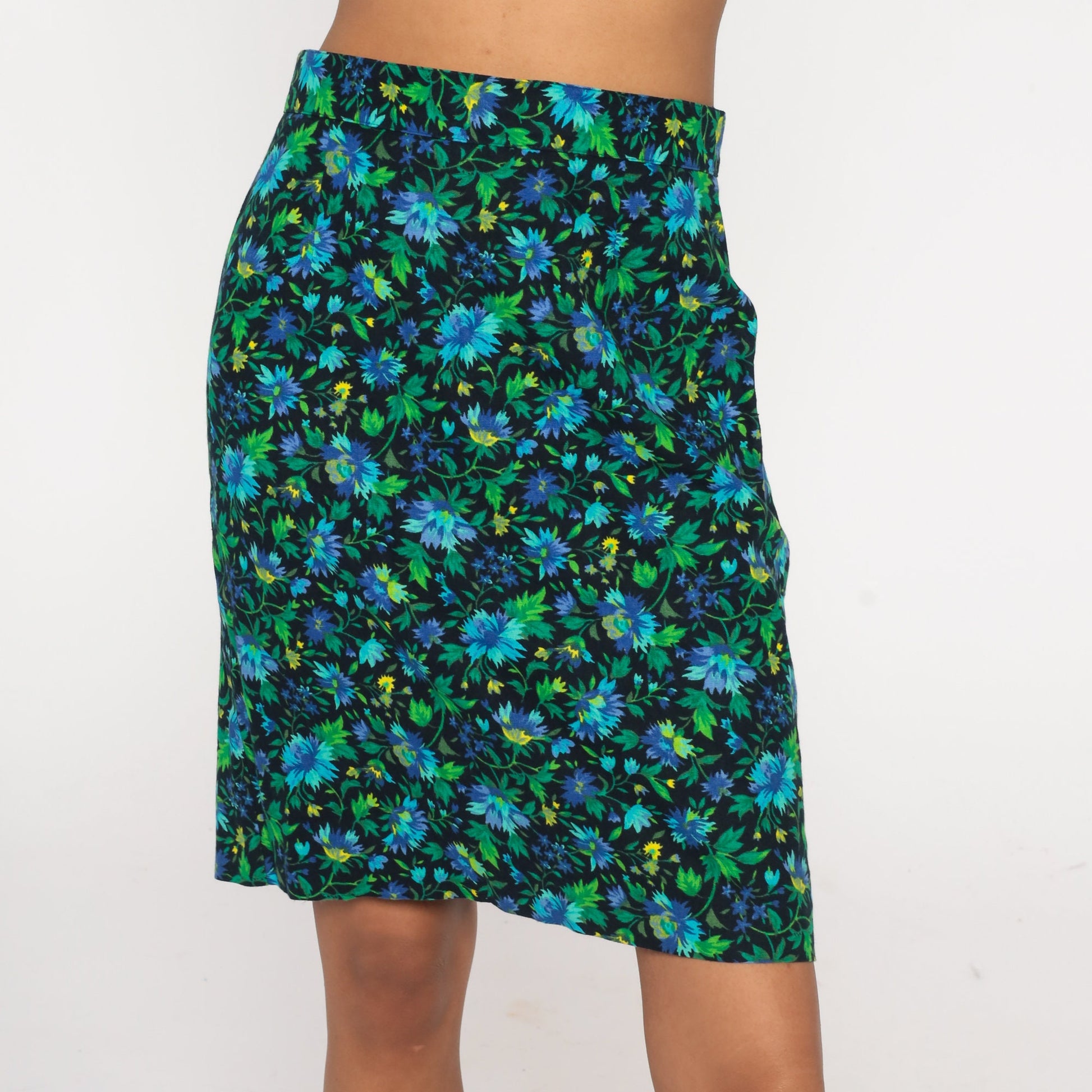 90s United Colors of Benetton Floral Mini Skirt Green Blue High Waist Small