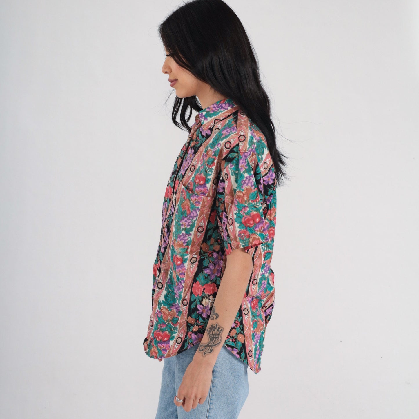 90s Striped Floral Fruit Print Cotton Button-Up Blouse Short Sleeve Small