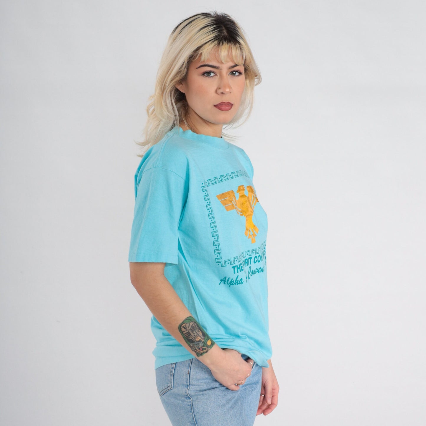 Alpha Phi Convention 1990 Sorority T-shirt Metallic Gold Phoenix Blue Medium