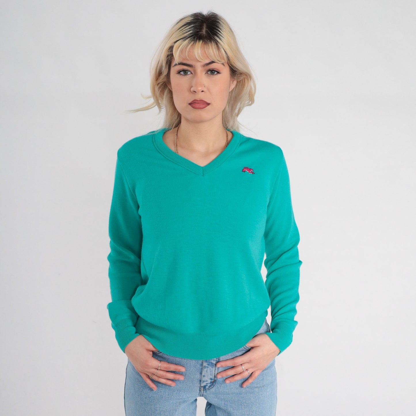 80s Garan Cat Logo V-Neck Knit Sweater Green Medium