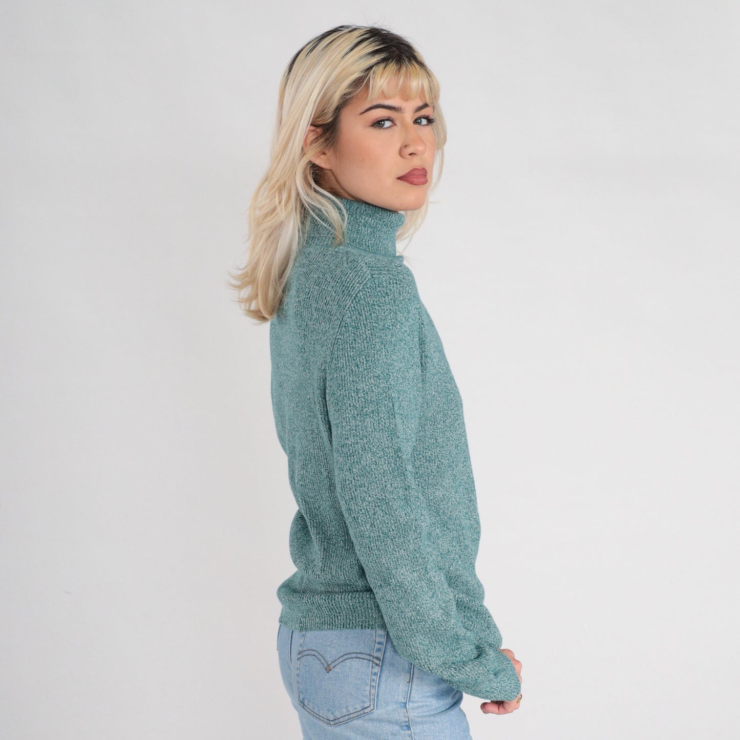 00s Green Flecked Ribbed Knit Turtleneck Cotton Long Sleeve Extra Large XL