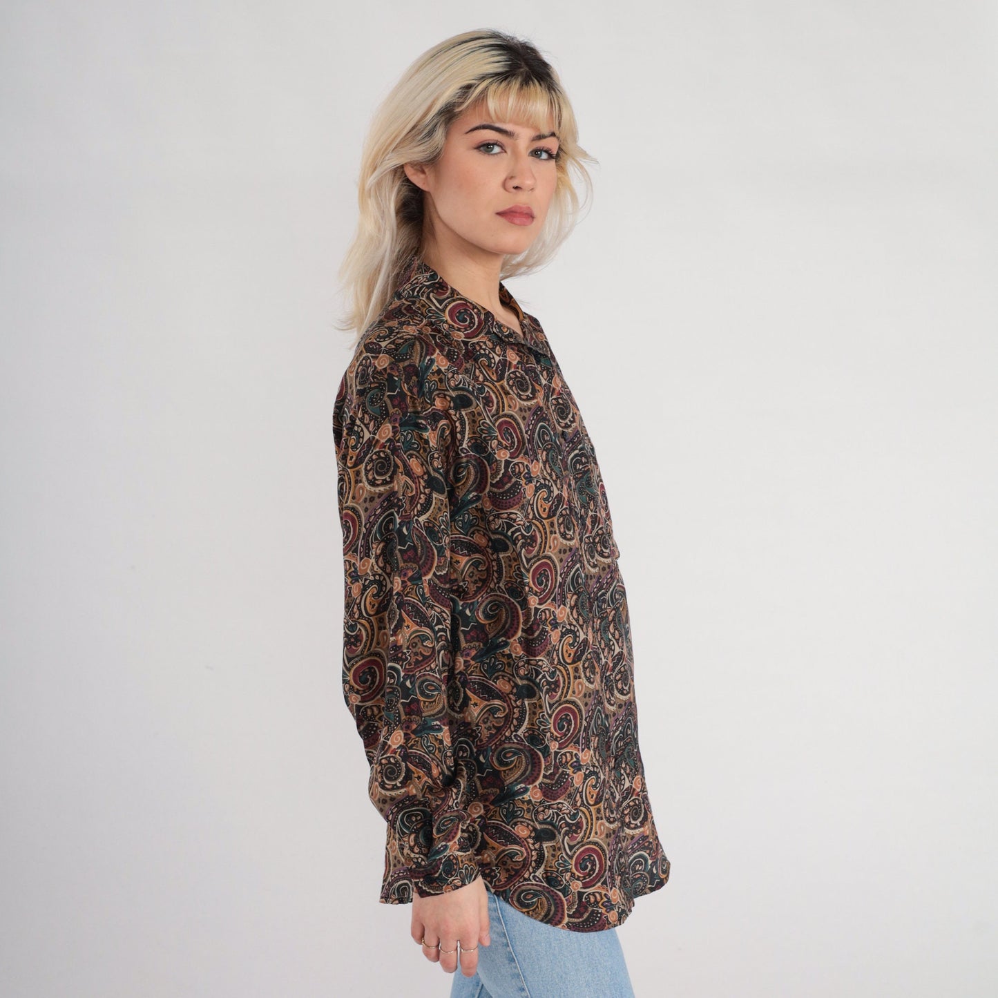 90s Silk Button-Up Blouse Abstract Paisley Swirl Print Brown Long Sleeve Small S