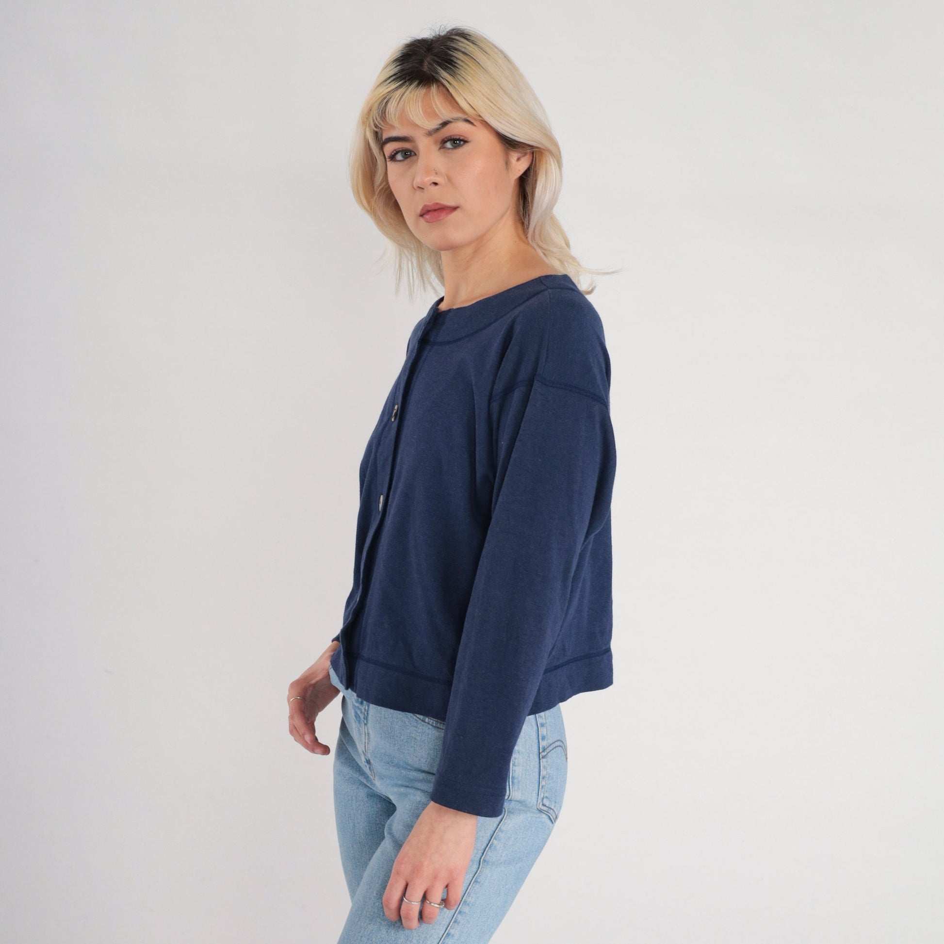 90s Navy Blue Button-Up Shirt Long Sleeve Cotton Blend Small S