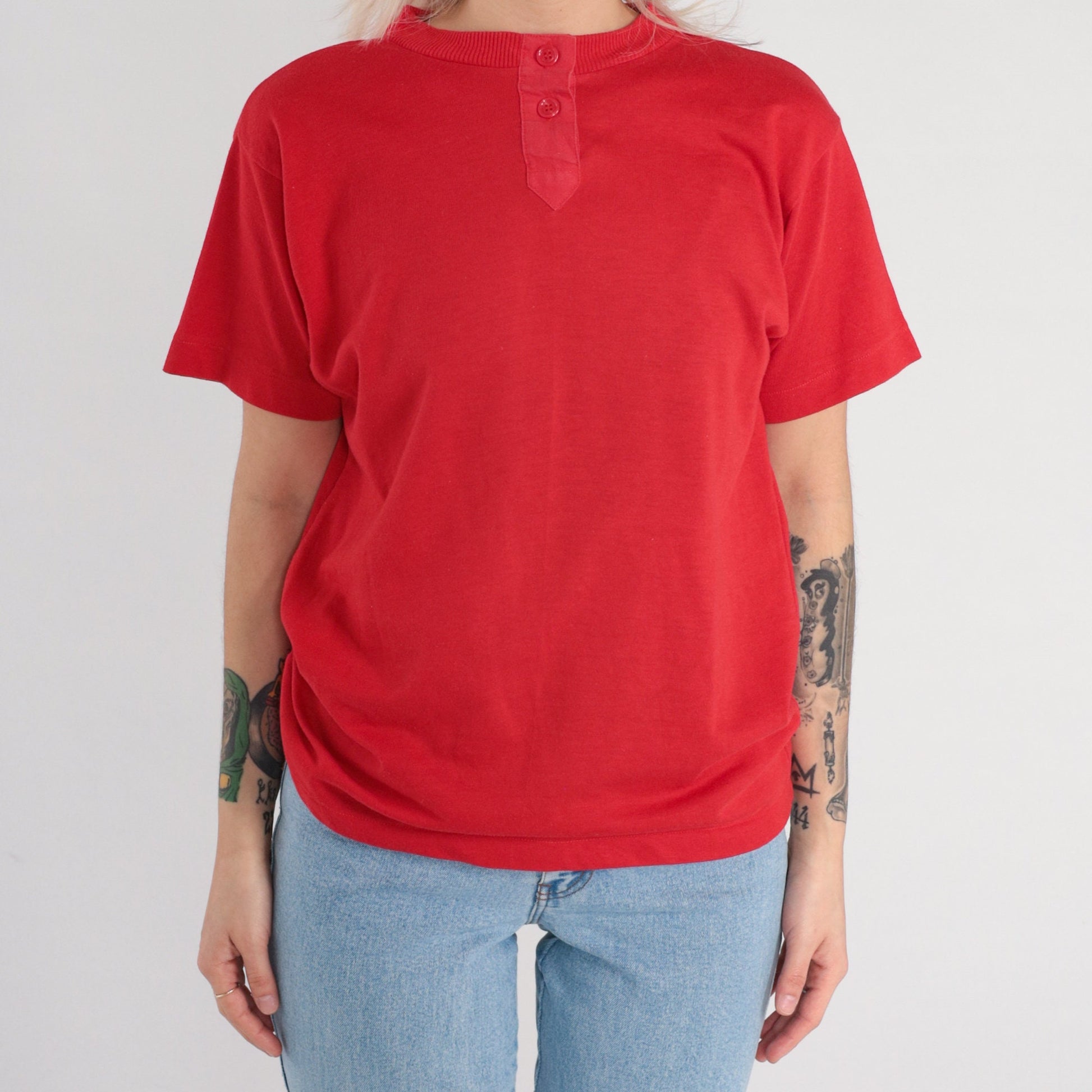 80s Red Henley T-Shirt Single Stitch Cotton Blend Short Sleeve Extra Small