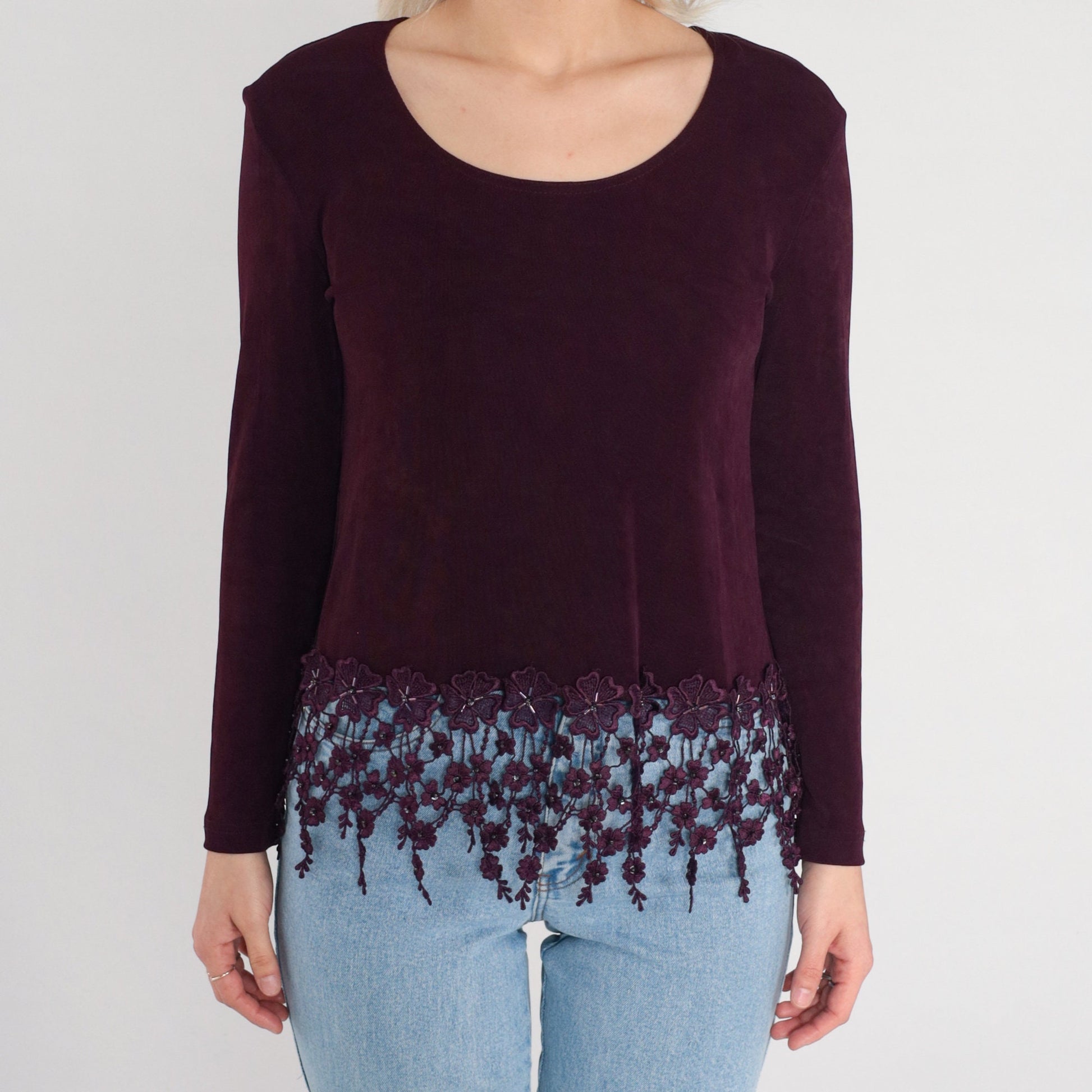 90s Rabbit Rabbit Rabbit Dark Maroon Blouse Crochet Floral Trim Scoop Neck Small