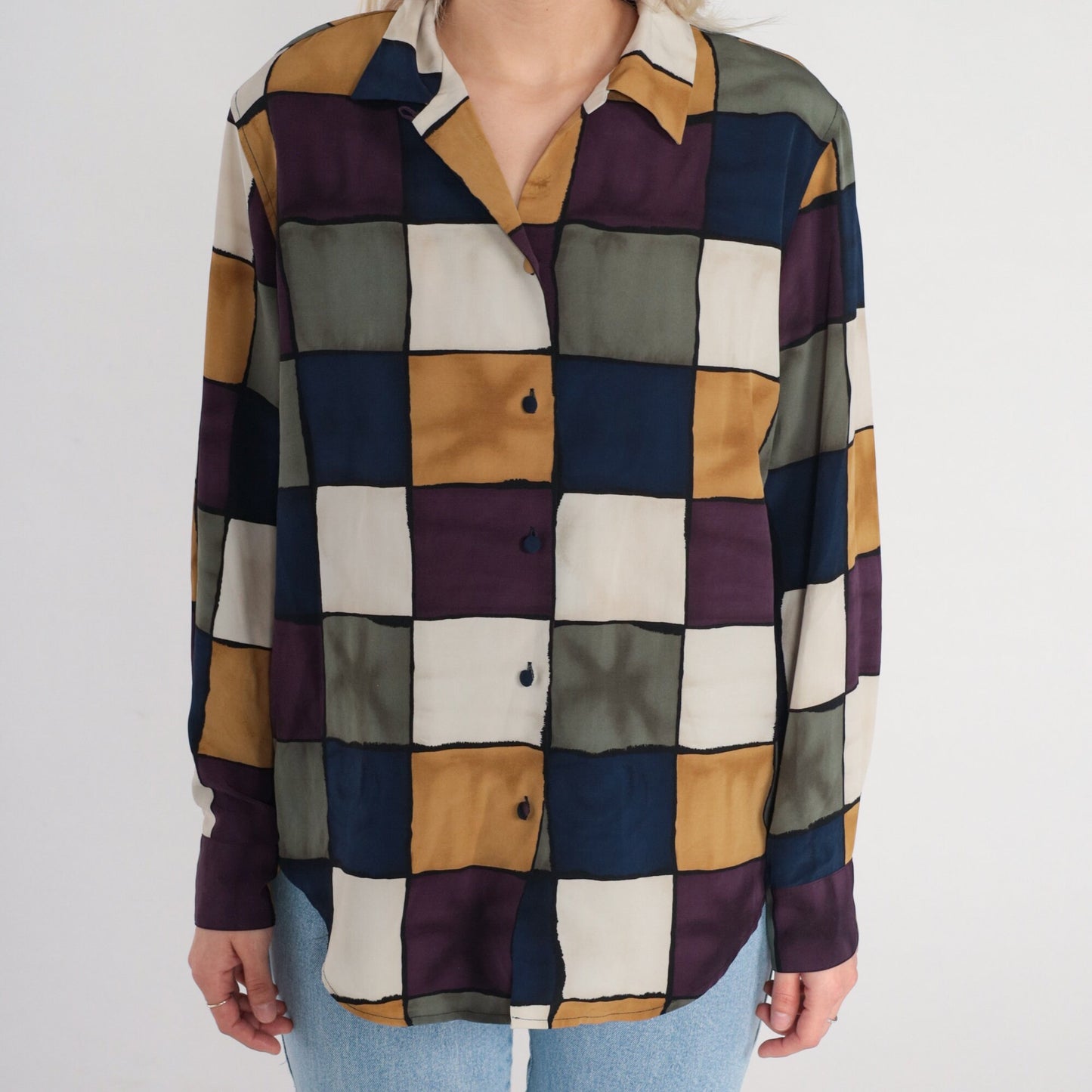 90s Checkered Button Up Blouse Multicolor Checkerboard Print Long Sleeve Medium