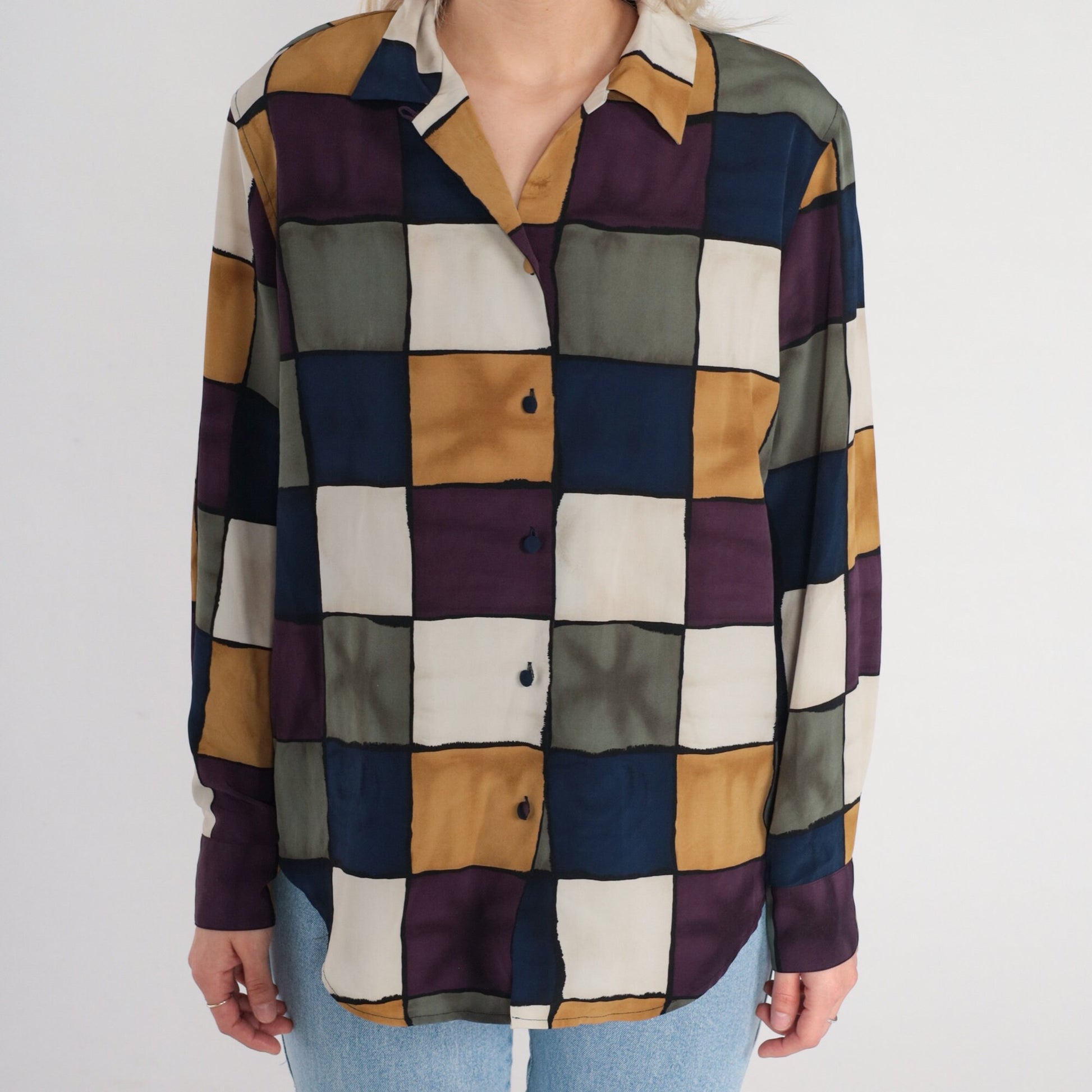 90s Checkered Button Up Blouse Multicolor Checkerboard Print Long Sleeve Medium