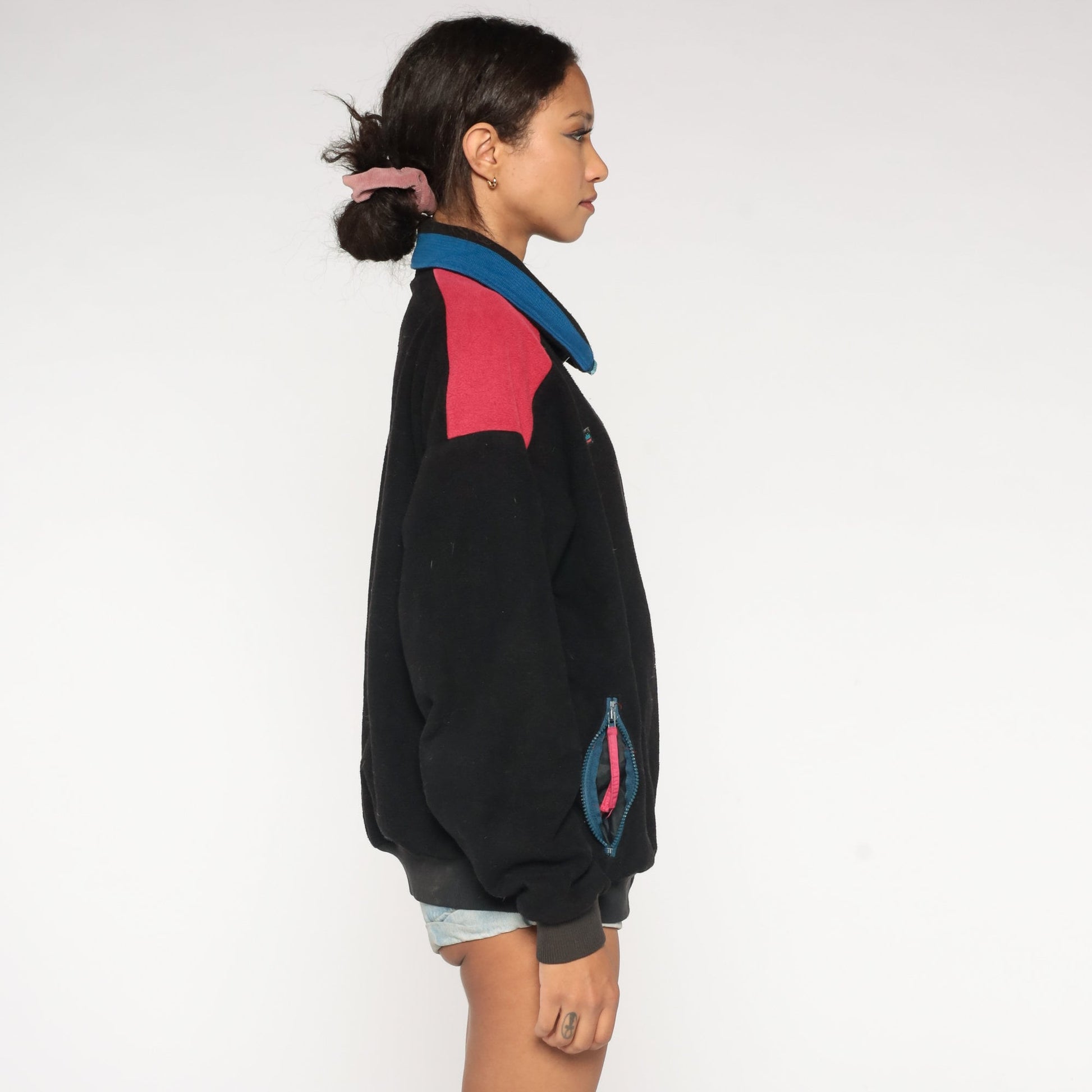 90s Columbia Black Fleece Zip Jacket Red Blue Trim Large L