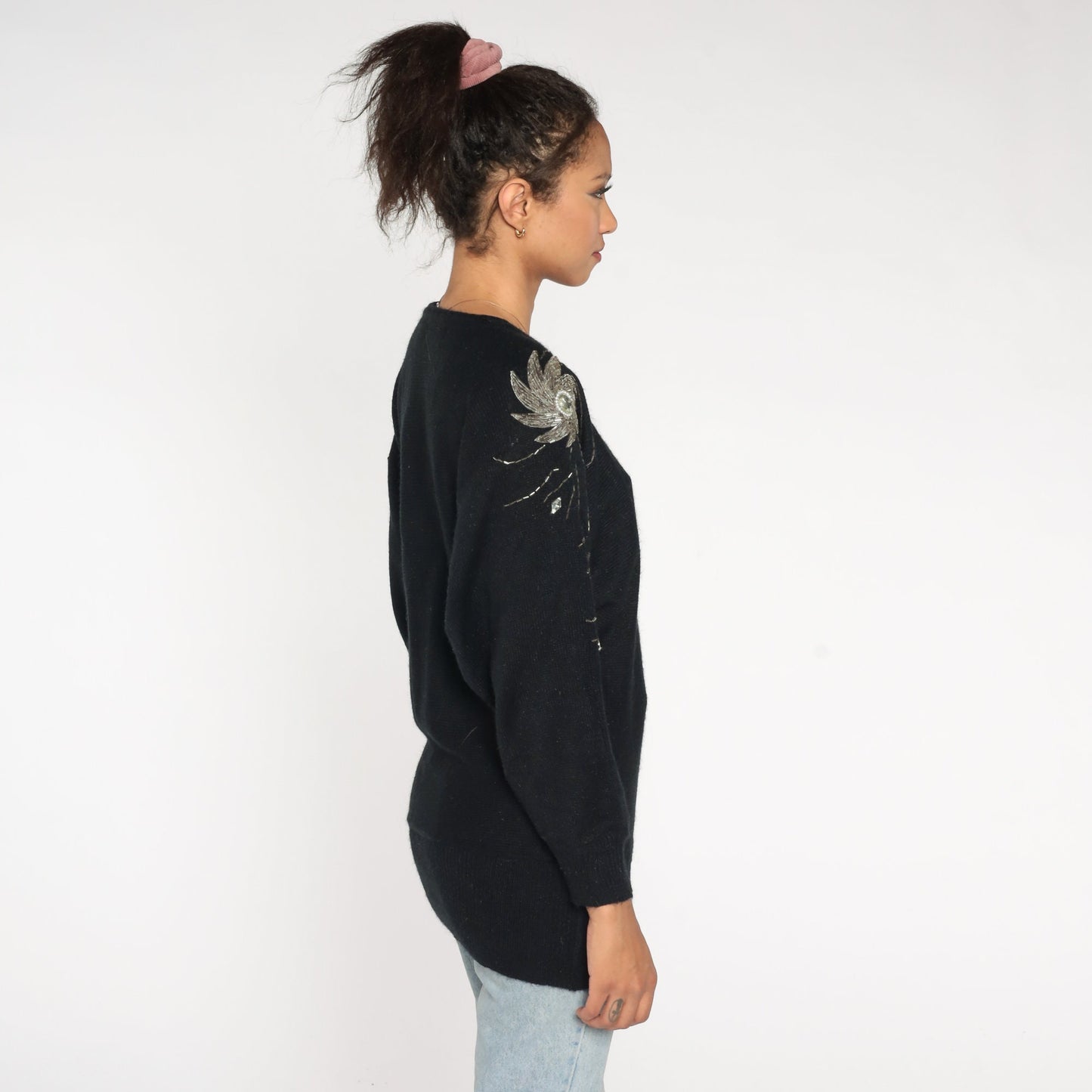 80s Black Knit Sweater Silver Beaded Swirl Dolman Sleeve Pullover Medium