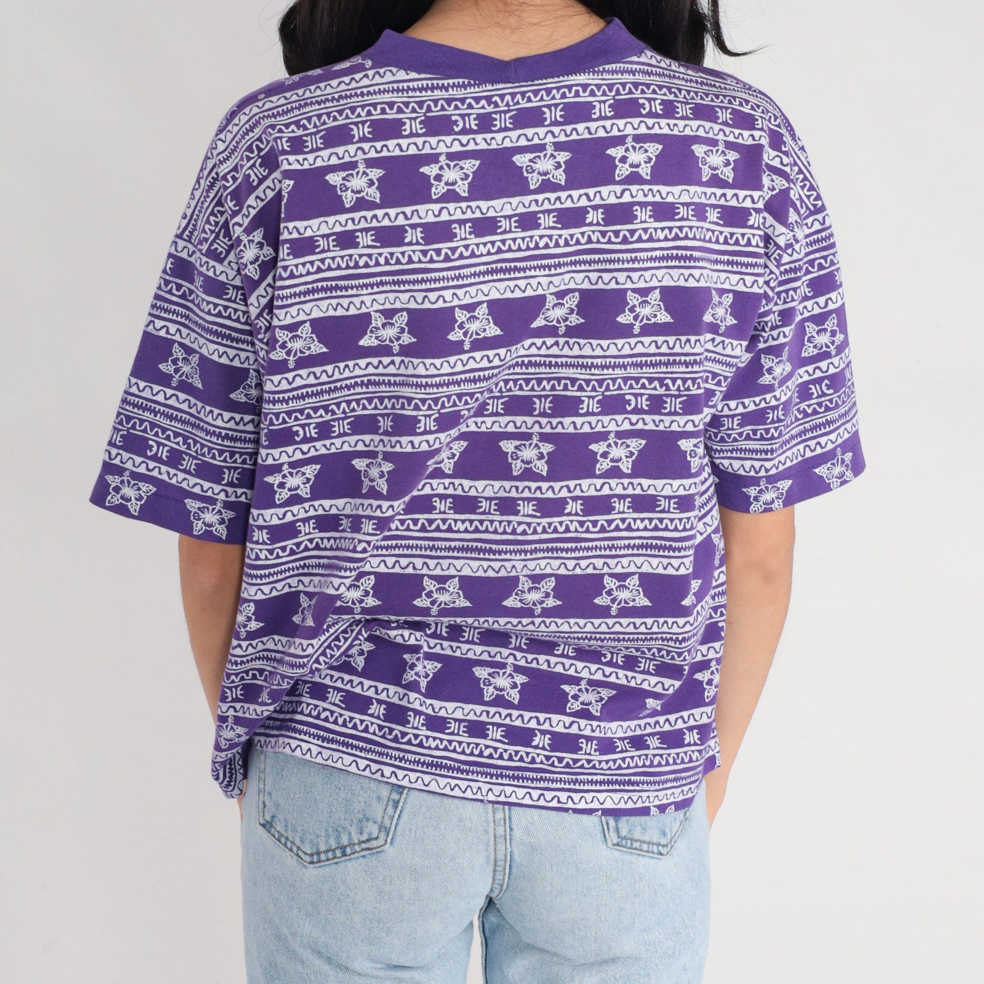 90s Pro Spirit Purple Striped Floral T-Shirt Geometric Print Petite Large