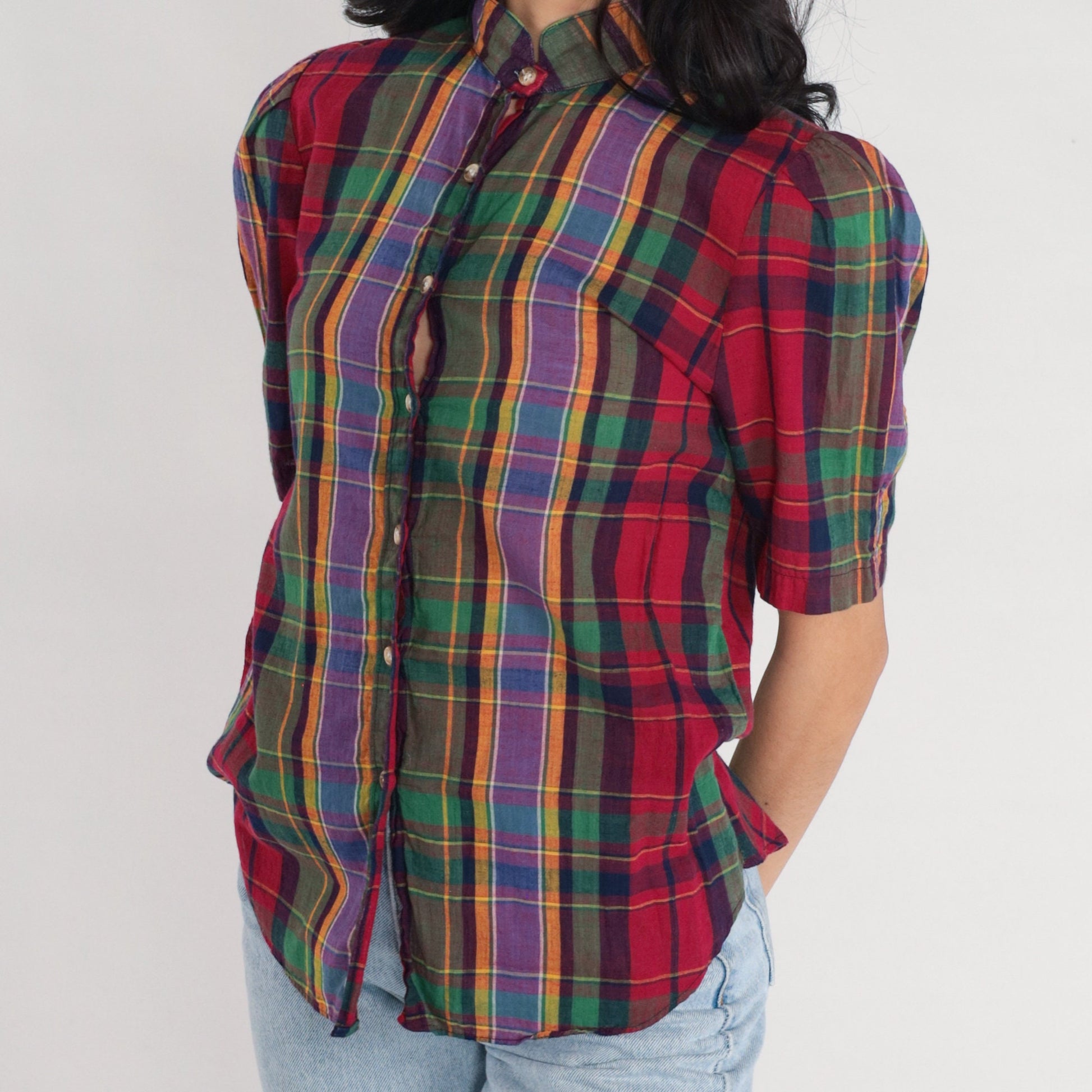 80s The Villager Checkered Blouse Puff Sleeve Button Up Red Green Purple Extra Small XS