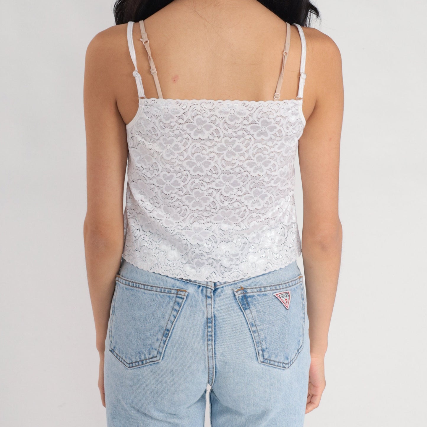 00s White Lace Camisole Spaghetti Strap Floral Trim Tank Medium