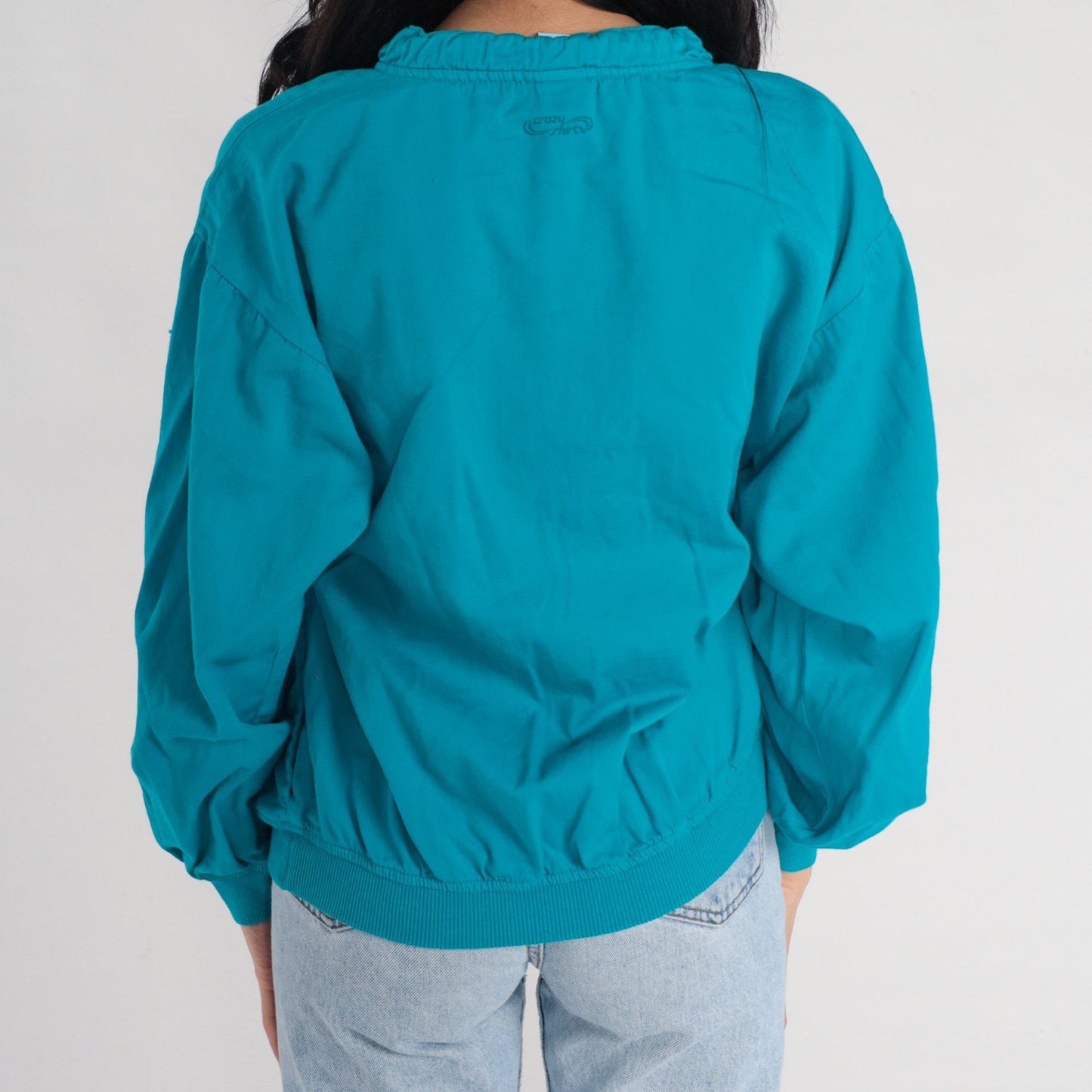 00s Crazy Shirts Turtle Print Long Sleeve Drawstring Neckline Turquoise Cotton Small S