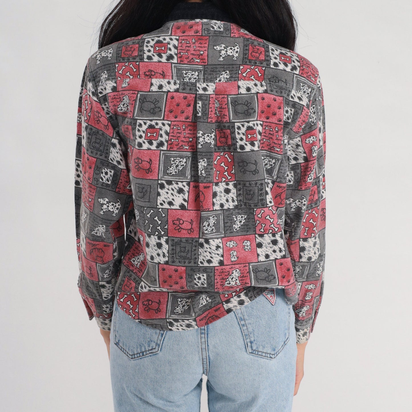 90s High Sierra Dalmatian Dog Print Button-Up Blouse Cotton Corduroy Collar Extra Small