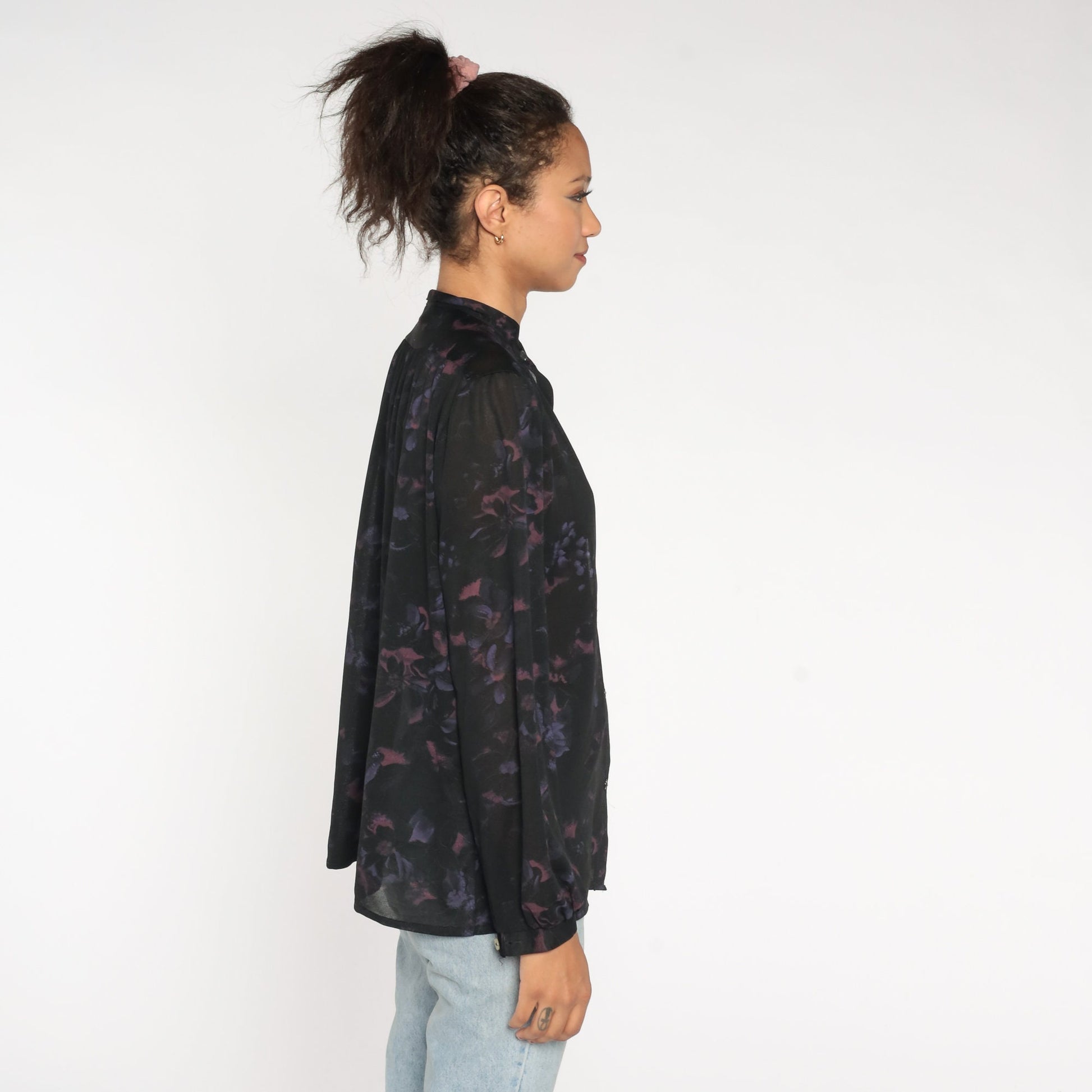 70s Black Floral Button-Up Blouse Long Sleeve Semi-Sheer Shirt Large