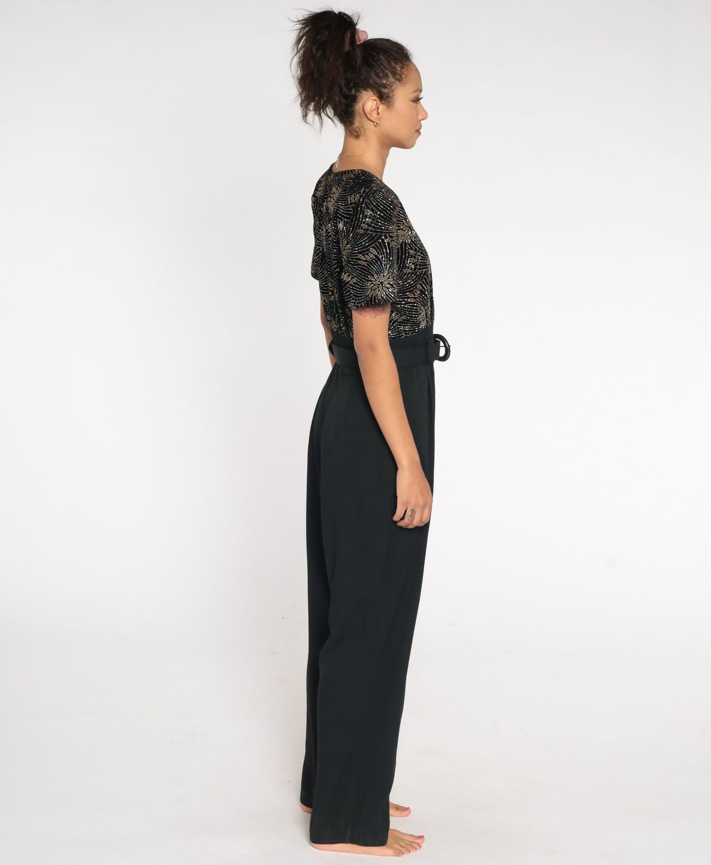 90s Black Velvet Glitter Jumpsuit High Waist Straight Leg Large