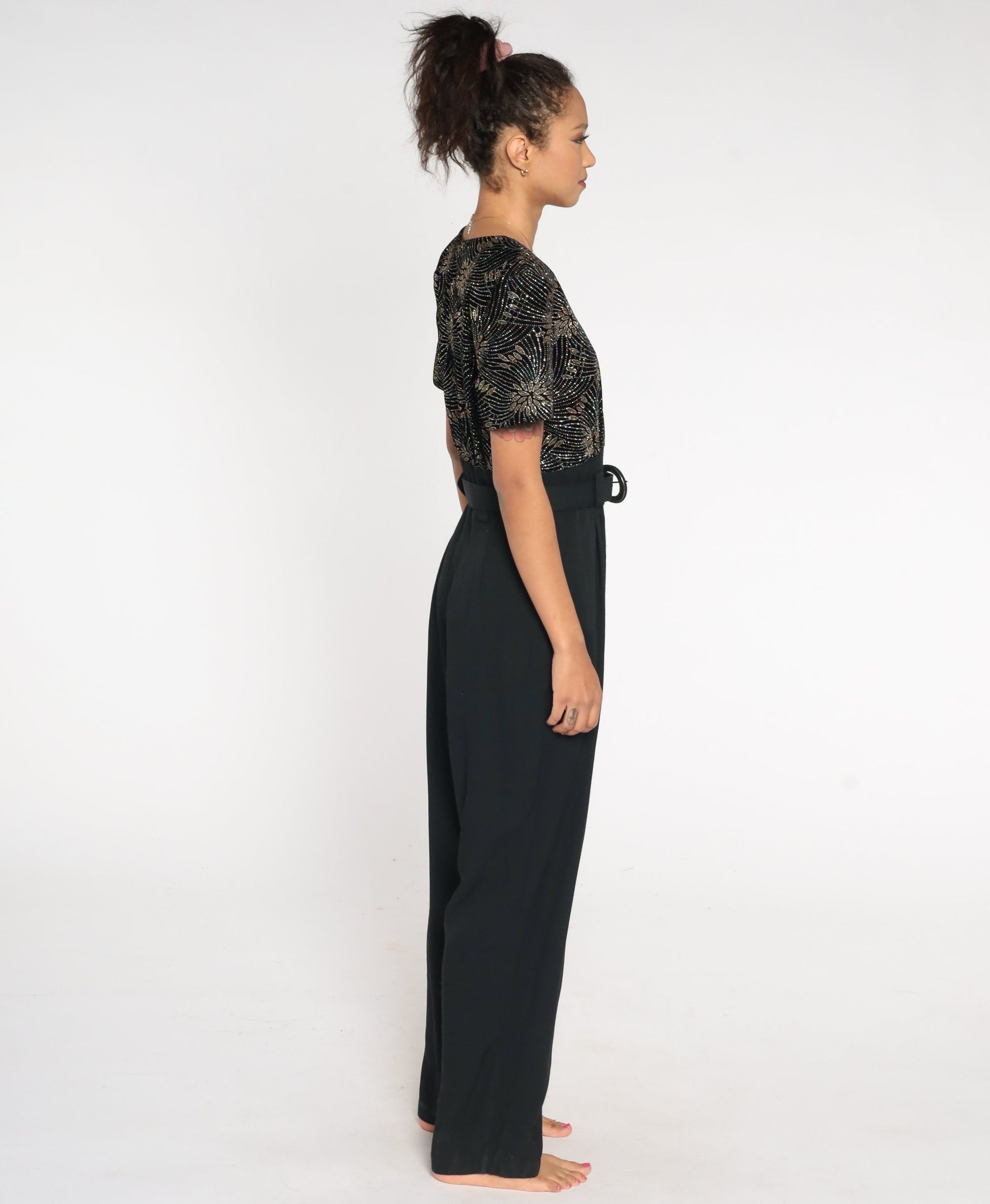 90s Black Velvet Glitter Jumpsuit High Waist Straight Leg Large